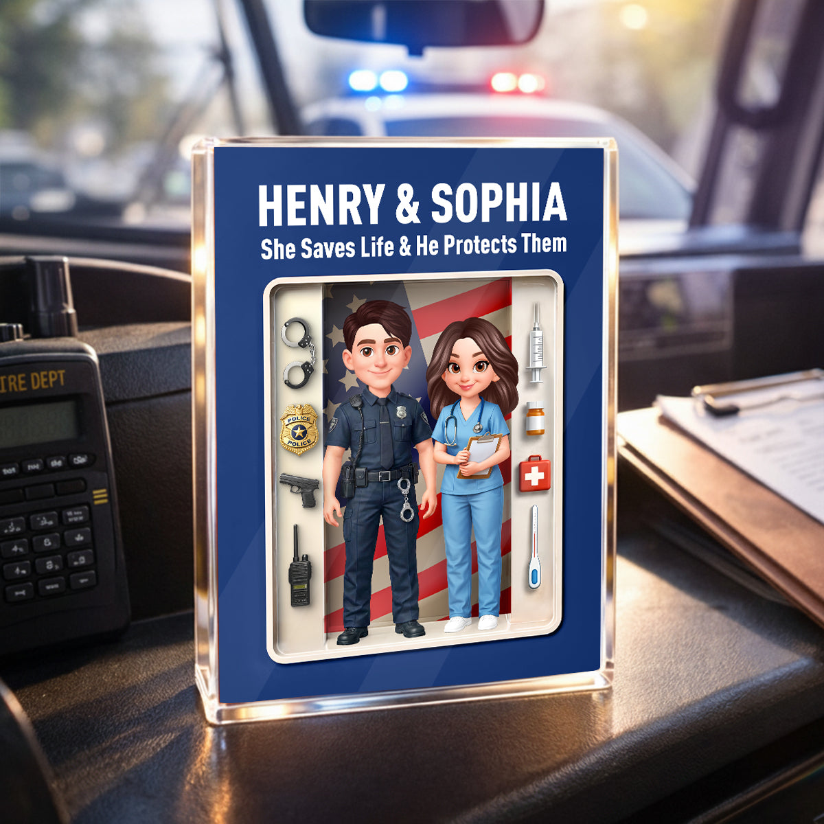 Police & Nurse Couple 3D Action Figure - Personalized Acrylic Block Plaque - Heartfelt Gift for Him, for Her