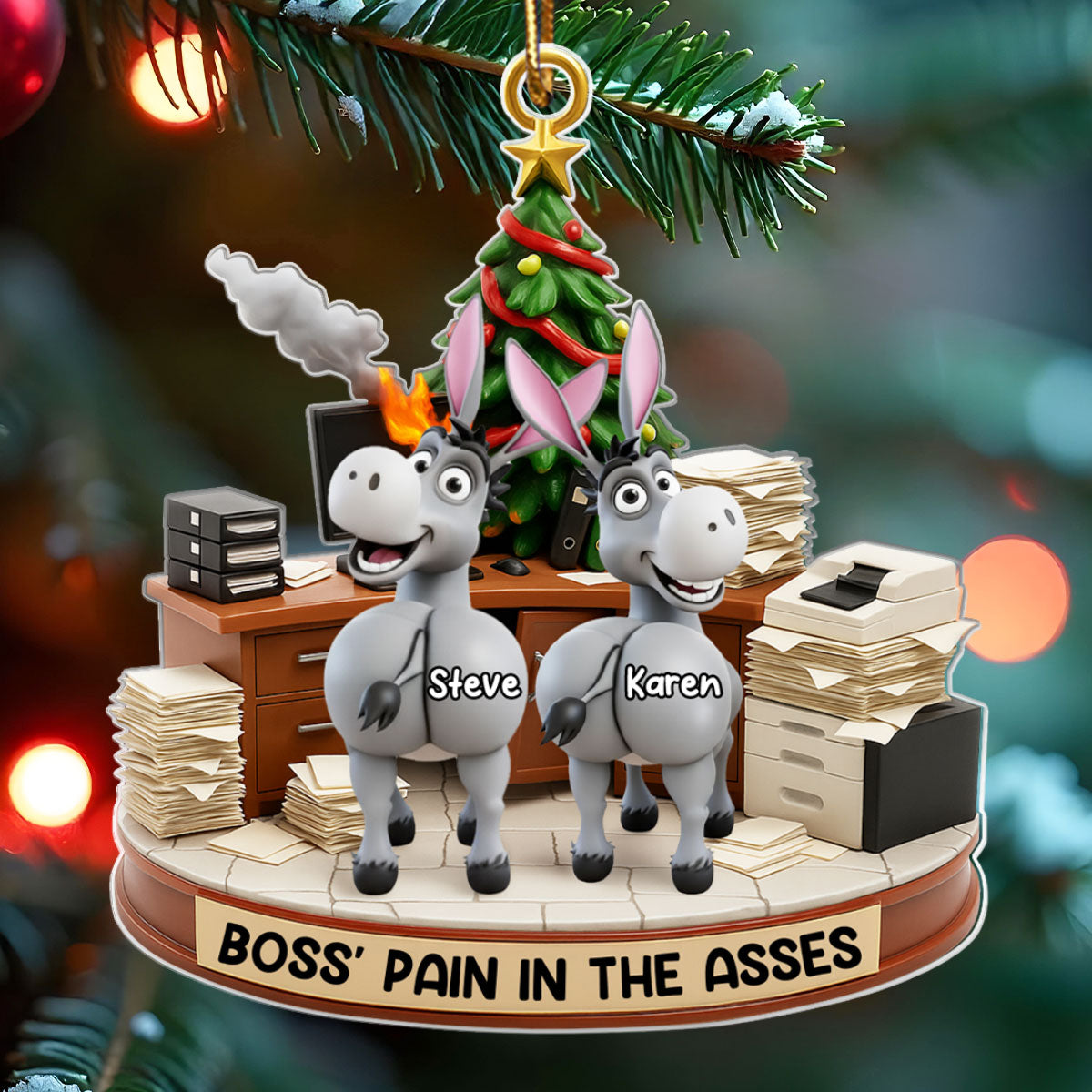 Funny Boss Christmas Pain in the Asses, Donkey Office Decoration - Personalized Acrylic Ornament - Custom Employee Gift Exchange, White Elephant Gift