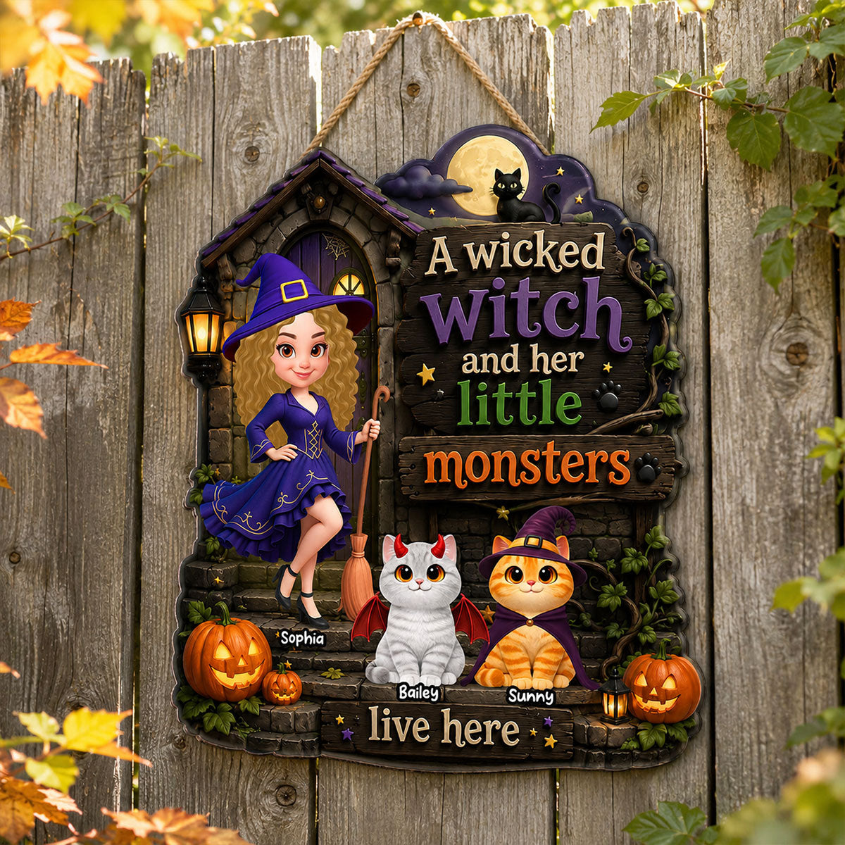 Mysterious Wicked Witch And Little Monsters Cats - Personalized Wood Sign - Halloween Gift For Cat Lovers, Halloween Decor