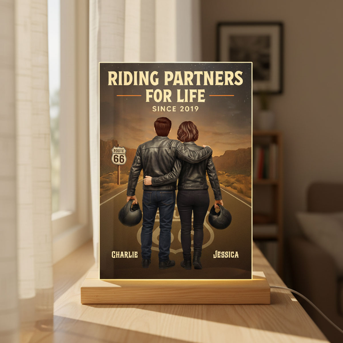Eternal Love Back View Biker Couple Riding Partners For Life - Personalized Acrylic Plaque LED Night Light - Gift For Couple, Bikers, Gift For Him, For Her