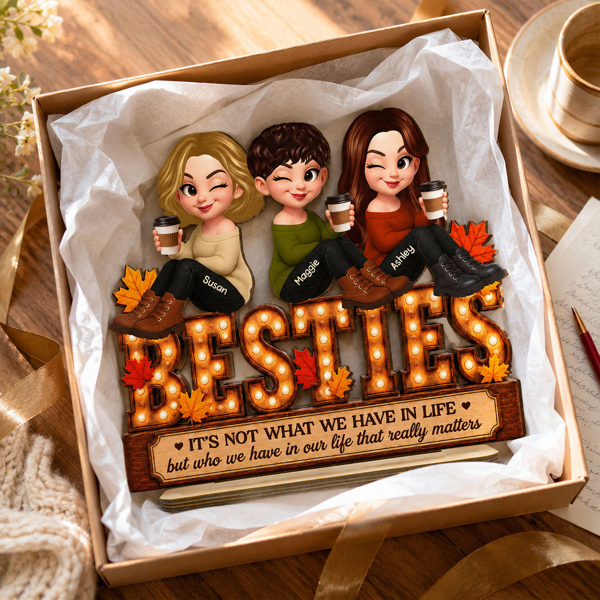 Fall Season Besties Sister Marquee 2D Flat - Personalized Wooden Plaque
