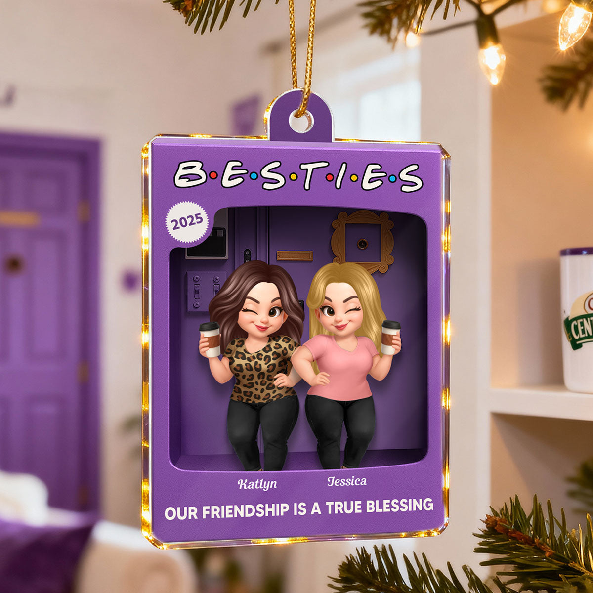 Man Woman Best Friends Purple 3D Effect Toy Box Style - Personalized Acrylic Ornament - Christmas Gift For Friends