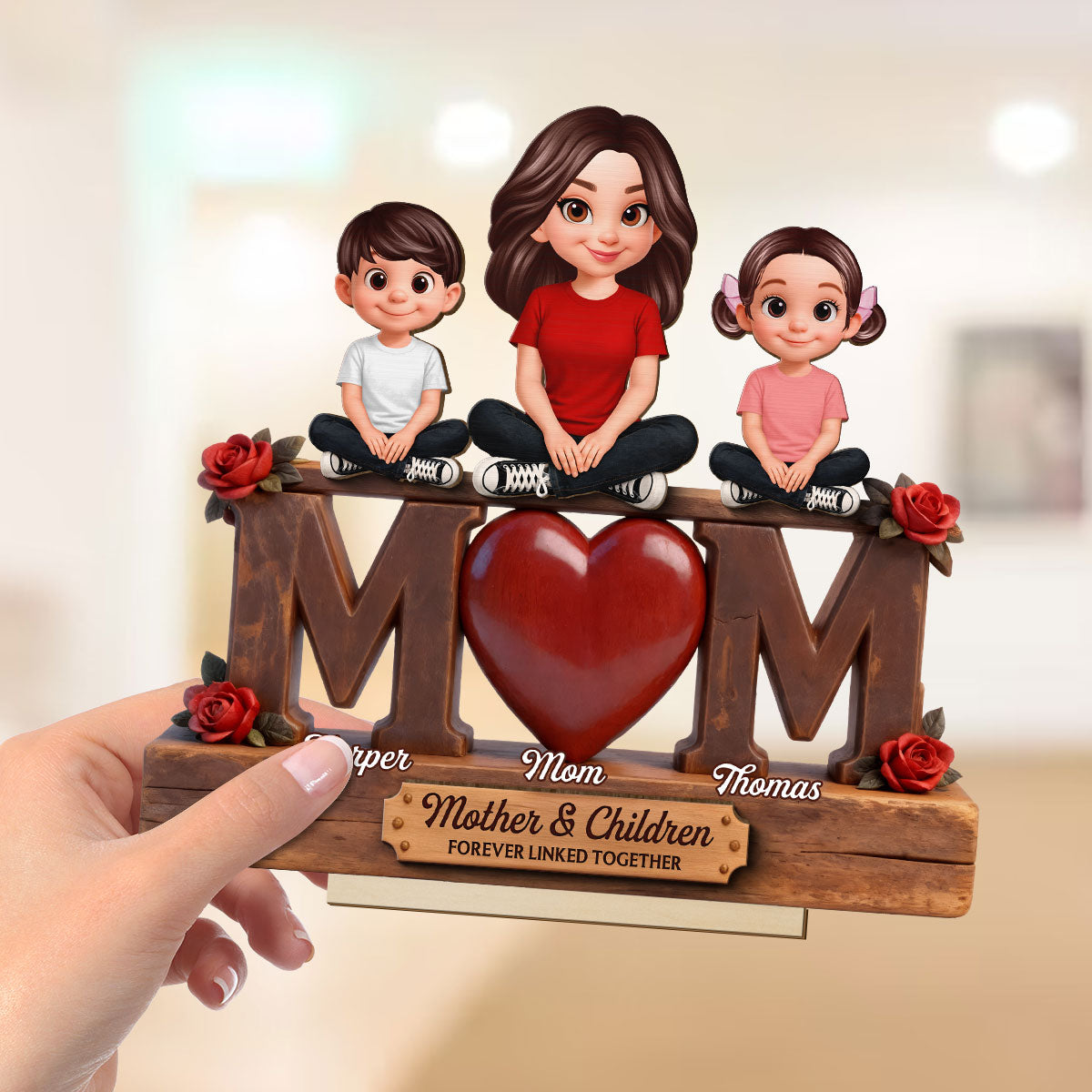 Beautiful Rose Love MOM And Daughters Sons - Personalized 2-Layered Wooden Plaque - Gift For Mom