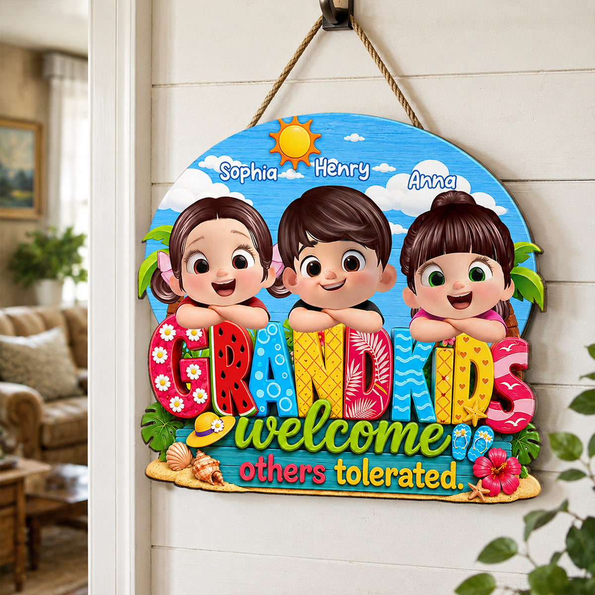 Grandkids Welcome Others Tolerated - Personalized Door Sign - Farmhouse Rustic Summer Decorations for Home