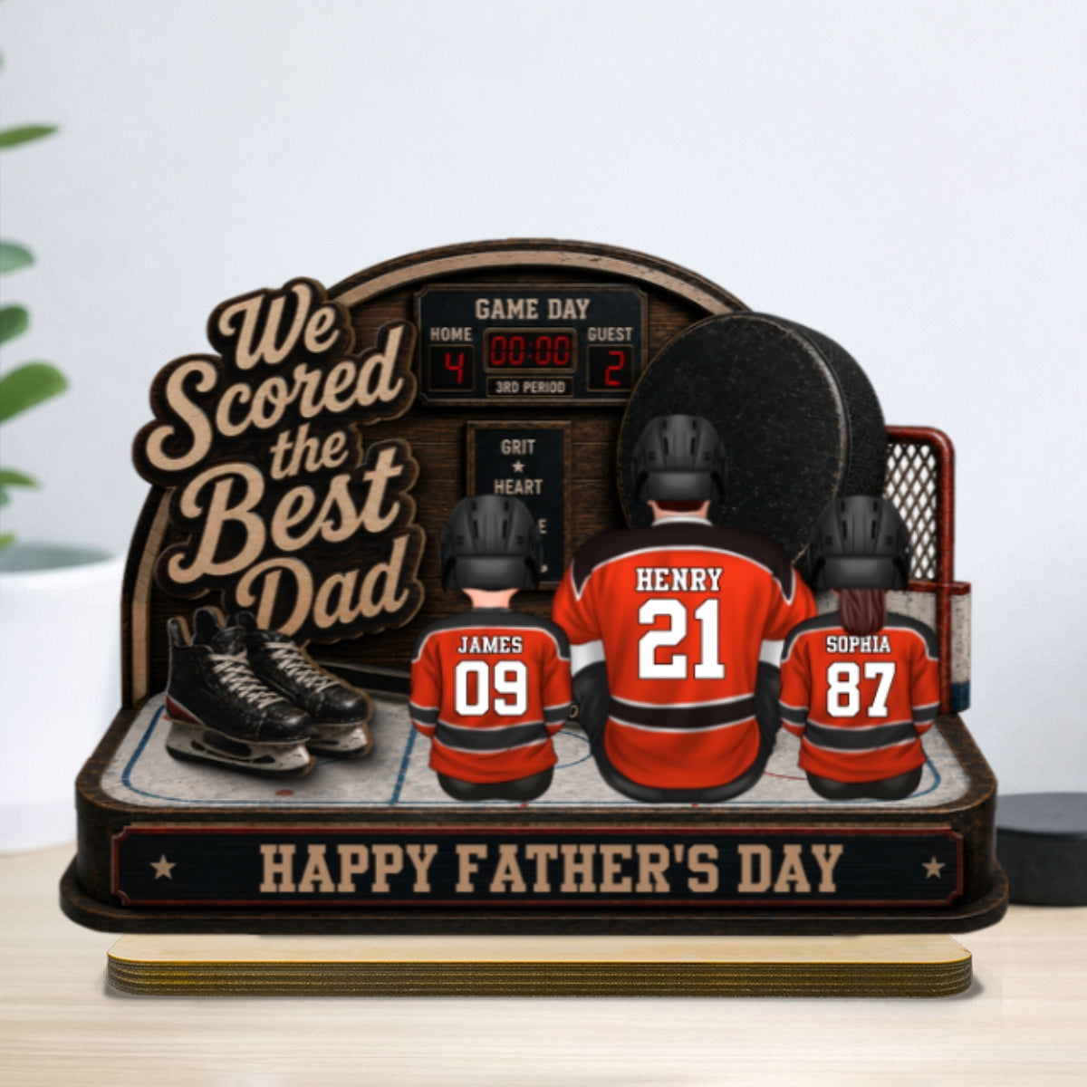 Hockey Dad & Kids Sitting On Court 2D Flat - Personalized 2-Layered Wooden Plaque -  Gift For Hockey Dad