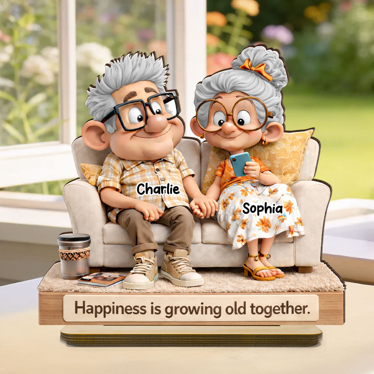 Cute Senior Couple On Couch - Personalized 2-Layered Wooden Plaque - Heartfelt Anniversary, Valentine's Day Gift, Gift For Him, Gift For Her