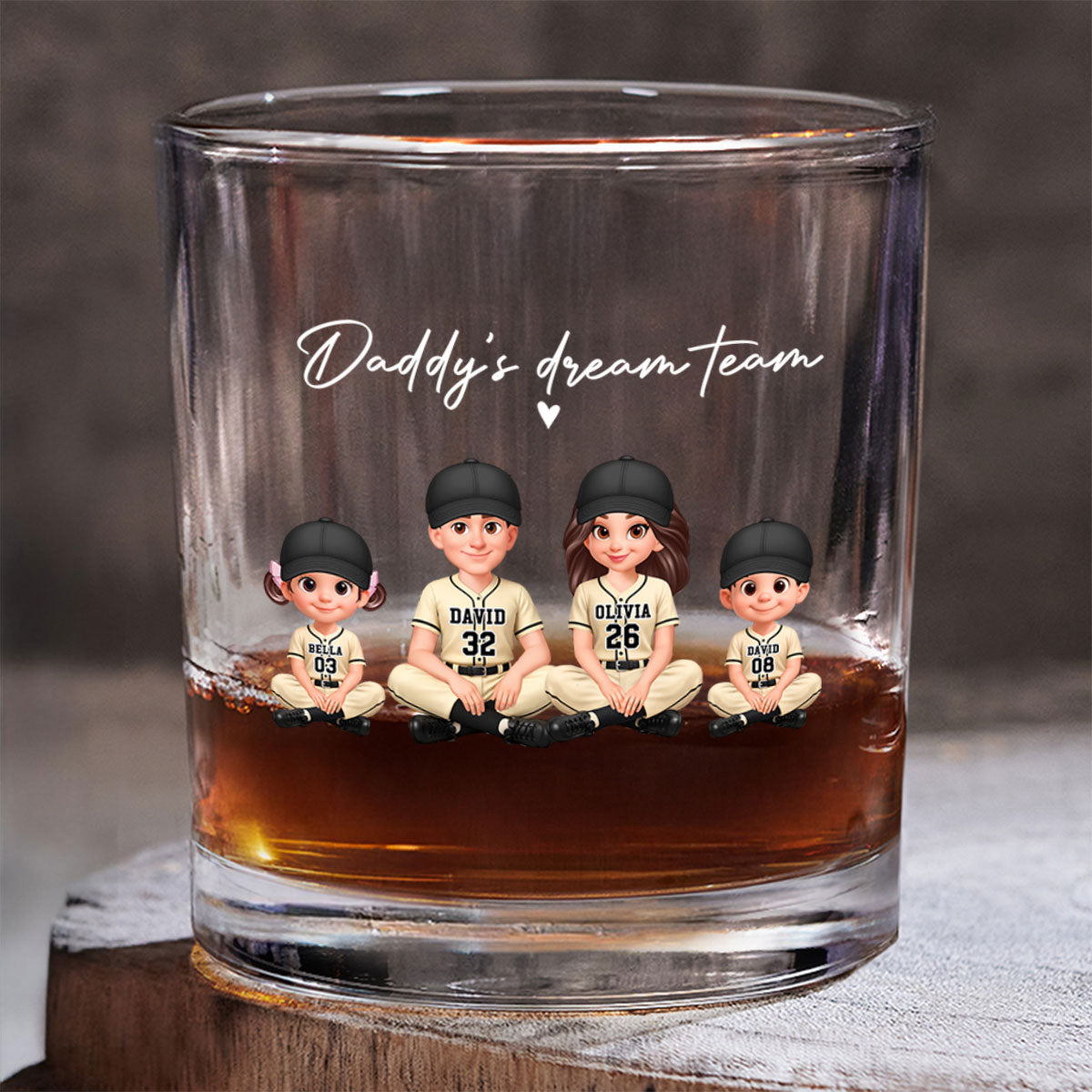 Daddy's Dream Team Baseball - Personalized Whiskey Glass - Father's Day Gift For Dad