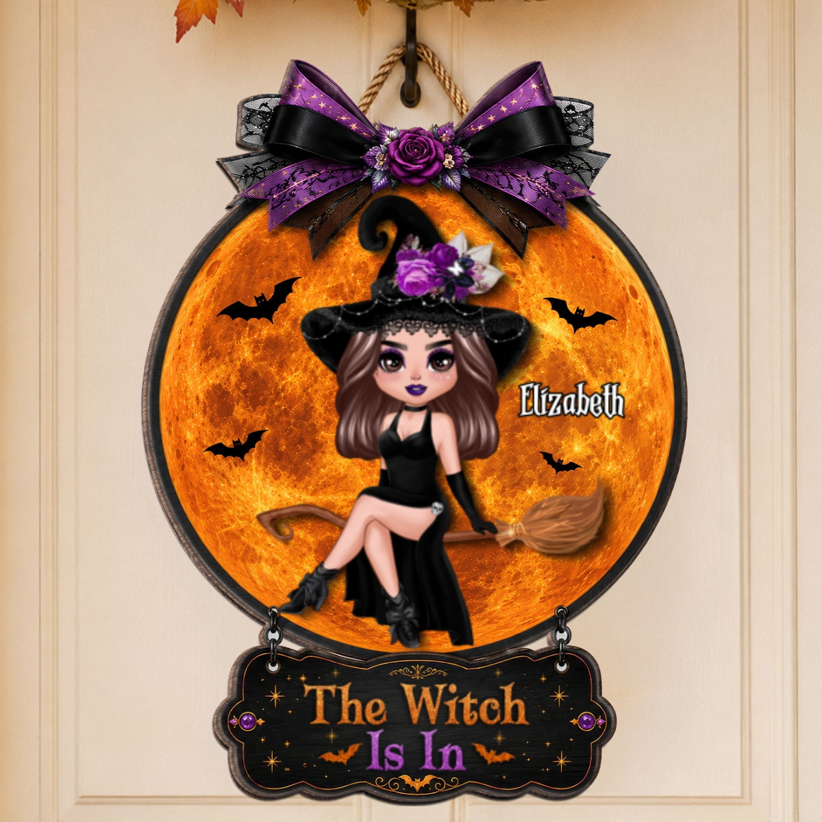 The Witch Is In Witch On Broom - Personalized Door Hanger Sign - Halloween Decor, Wicca Pagan Decor For Witches