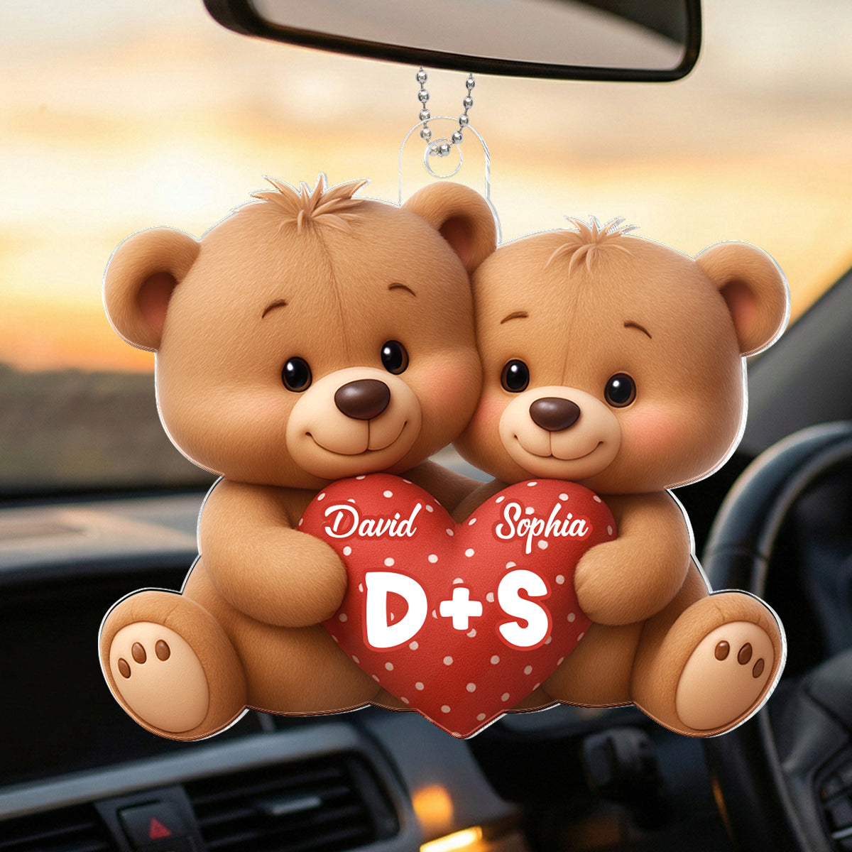 Bear Couple Holding Heart - Personalized Acrylic Car Hanger - Valentine's Day Gift for him, for her