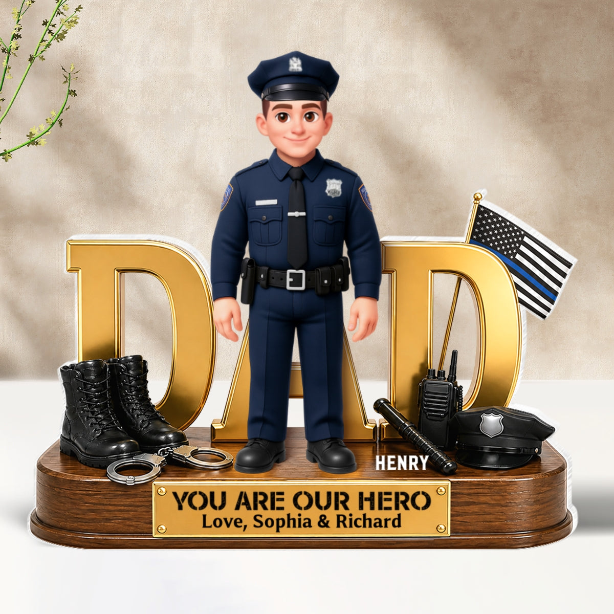 Proud American Police Dad You Are Our Hero Thin Blue Line 2D Flat - Personalized Acrylic Block Plaque -  Gift For Dad