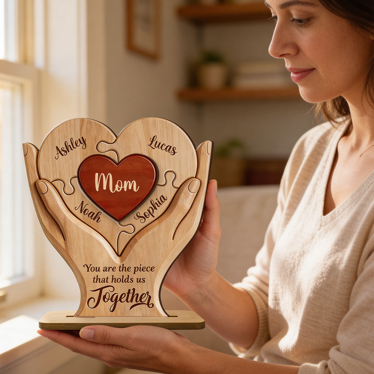 Mom The Piece That Holds Us Together - Personalized 2-Layered Wooden Plaque - Mother's Day Gift for Mom, Wife