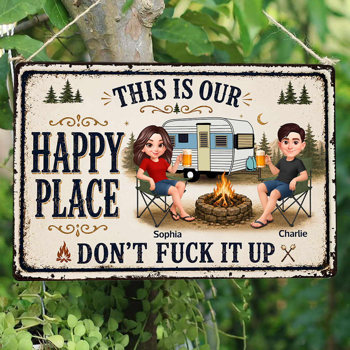 This Is Our Happy Place Camping Couple - Personalized Metal Sign - Funny Sarcasm Decoration For Campsite