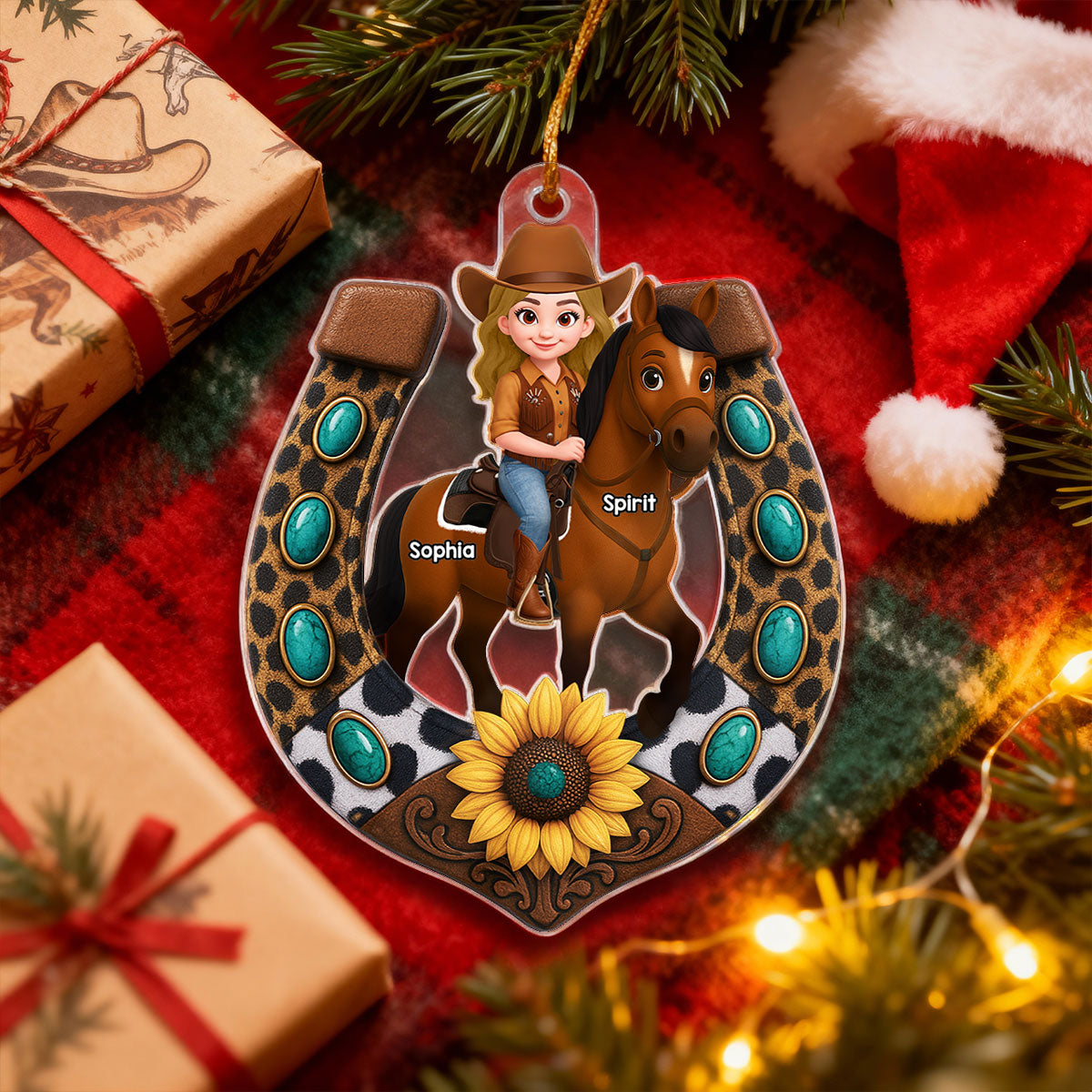 3D Effect Cowgirl And Her Horse Horseshoe - Personalized Acrylic Ornament - Christmas Gift