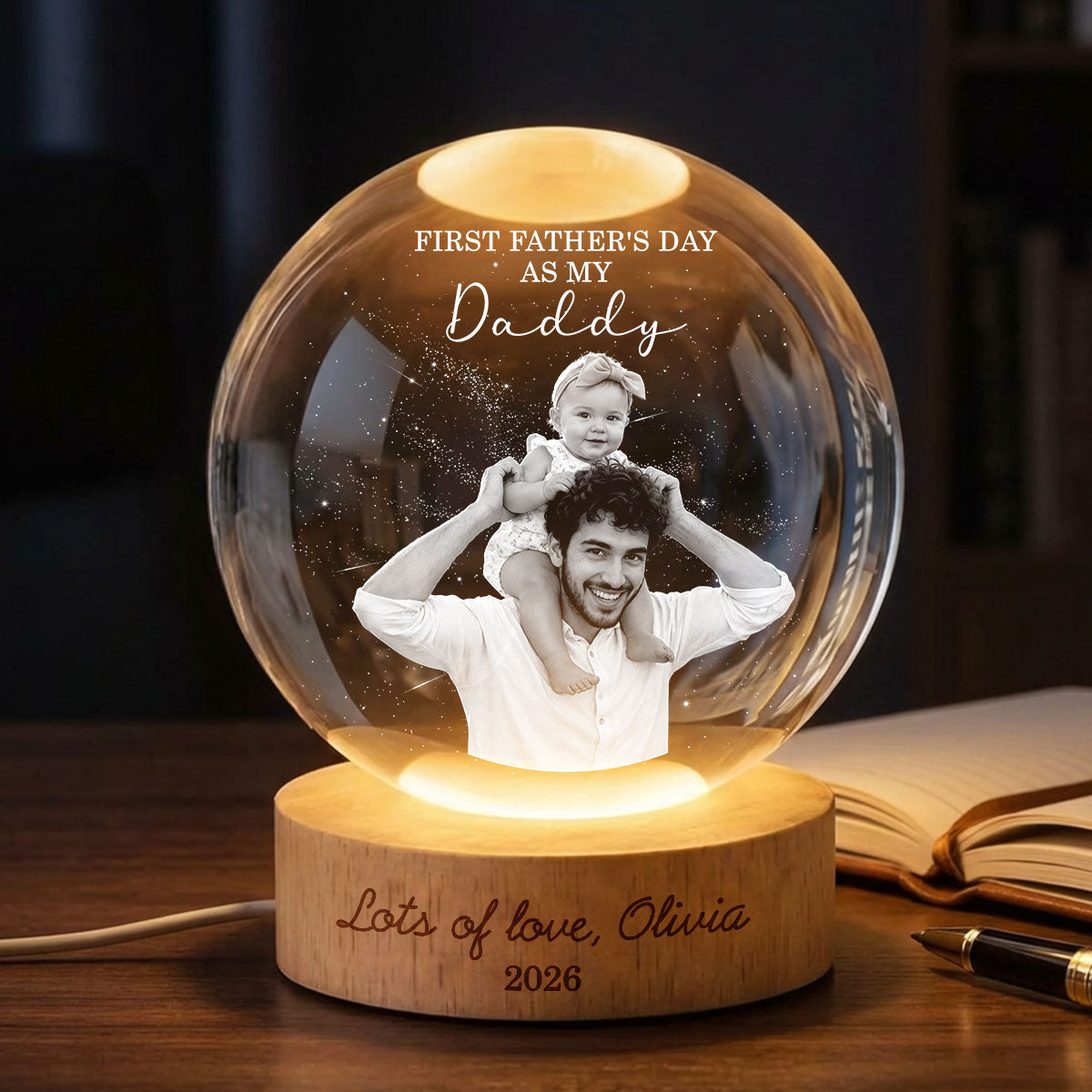 First  as My Daddy - Personalized Crystal Ball LED Night Light -  Gift for Dad