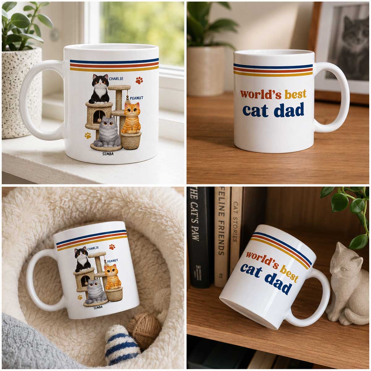 World's Best Cat Dad Retro 70s Style Cat Tree - Personalized Mug - Father's Day Gift For Cat Dad