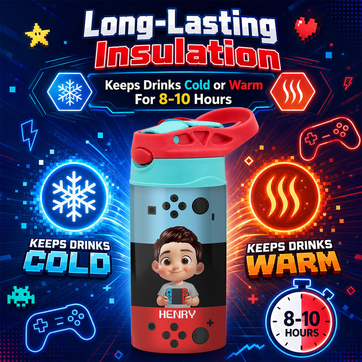 Happy Gamer - Personalized Kid Insulated Water Bottle - Back To School Gift For Kid, Girl, Boy