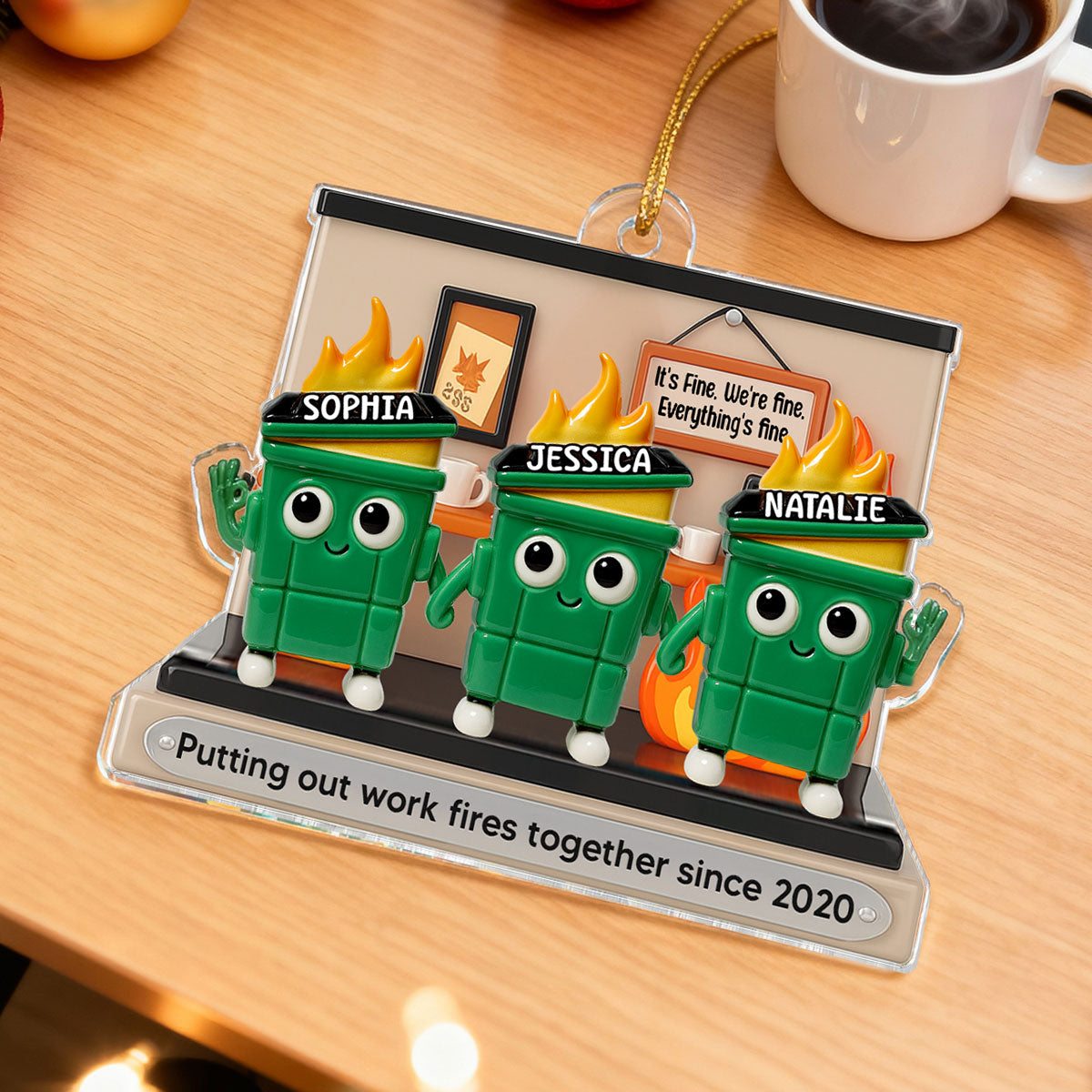 [BUY 1 GET 1 FREE] 3D Effect Dumpster Fires In Office Scene - Personalized Acrylic Ornament - Funny Gift For Colleagues, Work Besties