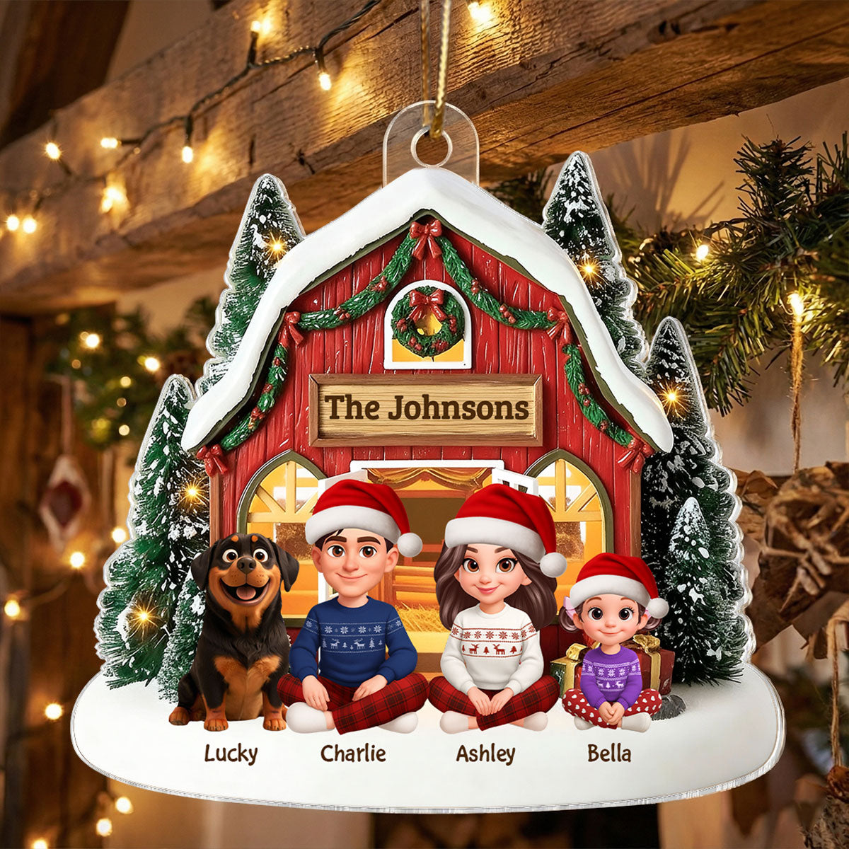 3D Effect Christmas Barn House Family Sitting Together - Personalized Acrylic Ornament