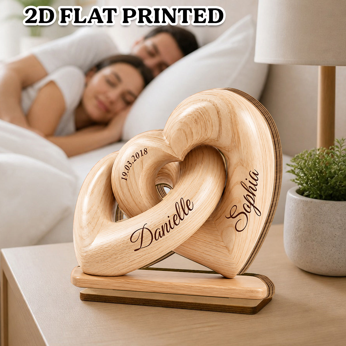 Interlocked Hearts Couple 2D Flat Plaque - Personalized 2-Layered Wooden Plaque - Gift for Him, for Her