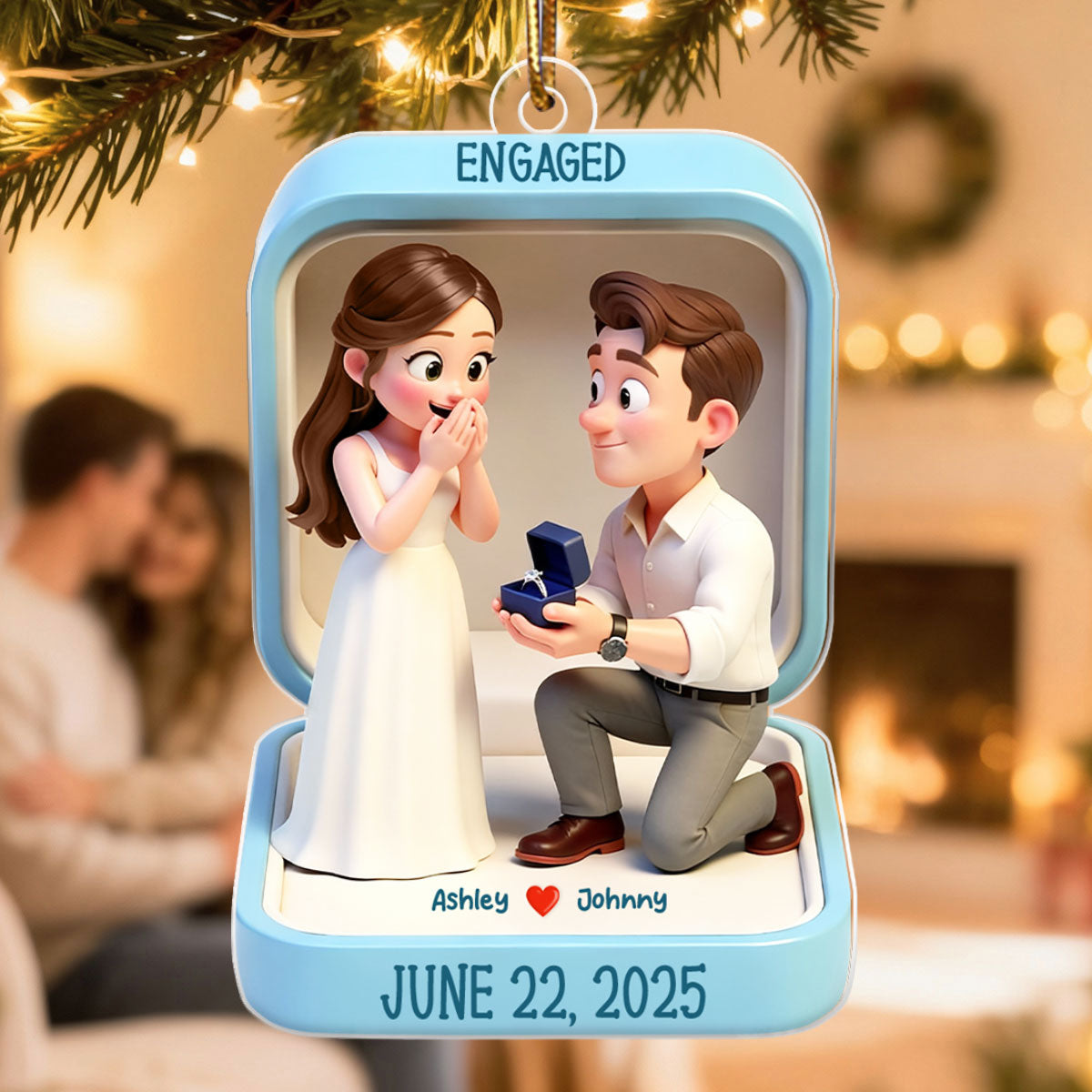Cute Cartoon Couple 1st Christmas Engaged - Personalized Acrylic Ornament - Proposal Keepsake