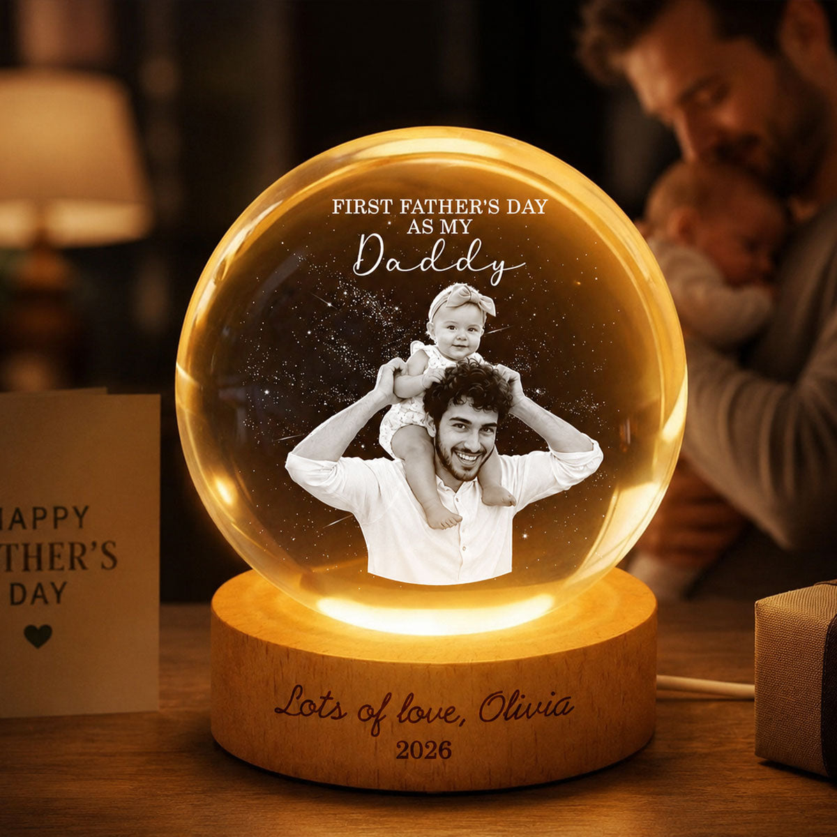First  as My Daddy - Personalized Crystal Ball LED Night Light -  Gift for Dad