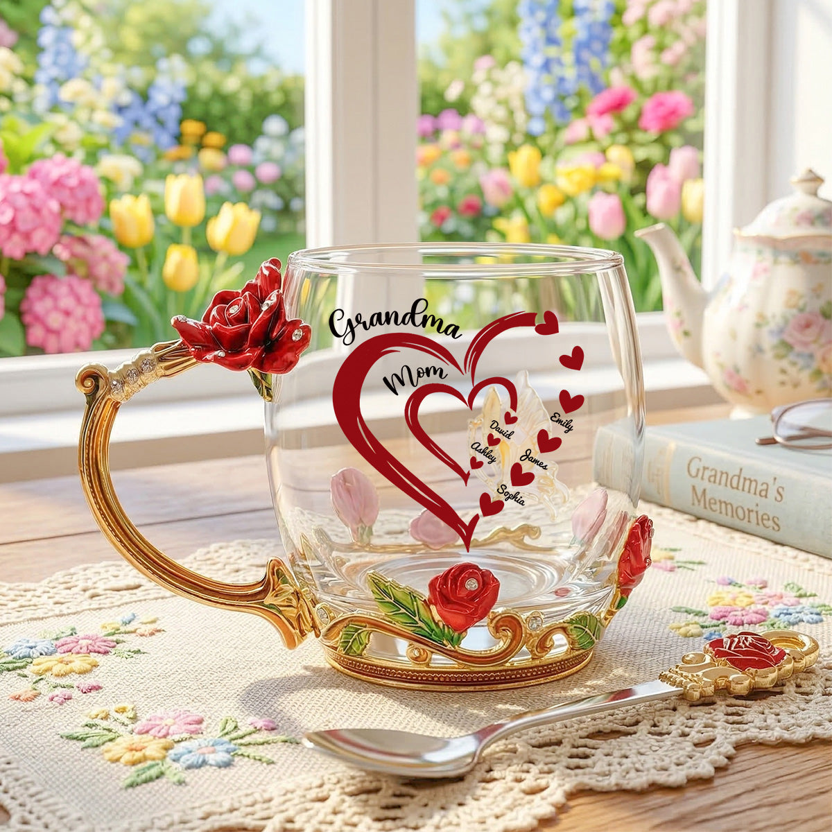 Grandma Mom Heart Custom Kids Names - Personalized Enamel Flower Tea Cup - Gift For Grandma, Mom