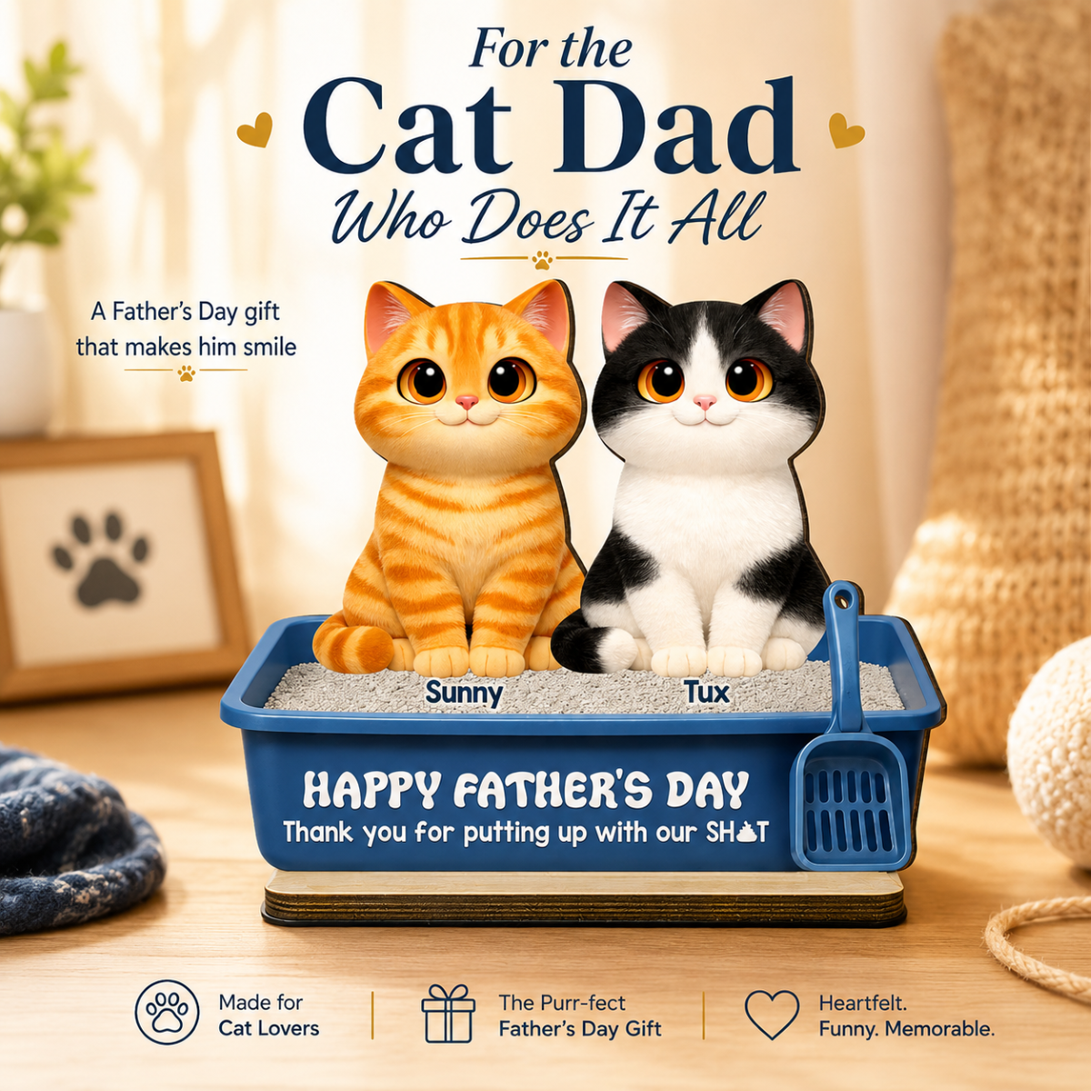 Cute Fluffy Cats Happy  Thanks For Feeding And Scooping Poo 2D Flat - Personalized 2-Layered Wooden Plaque - Funny  Gift For Cat Dad, Cat Lovers