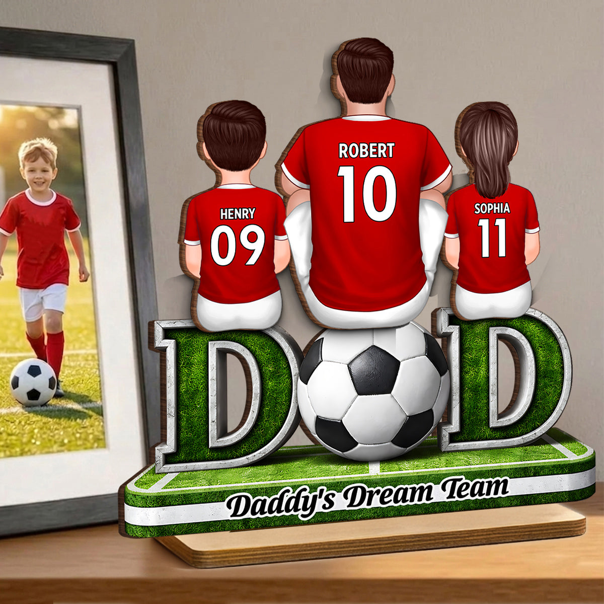 Soccer Dad And Kids Sitting Together - Personalized 2-Layered Wooden Plaque - Heartfelt Gift For Soccer Dad, Gift For Husband
