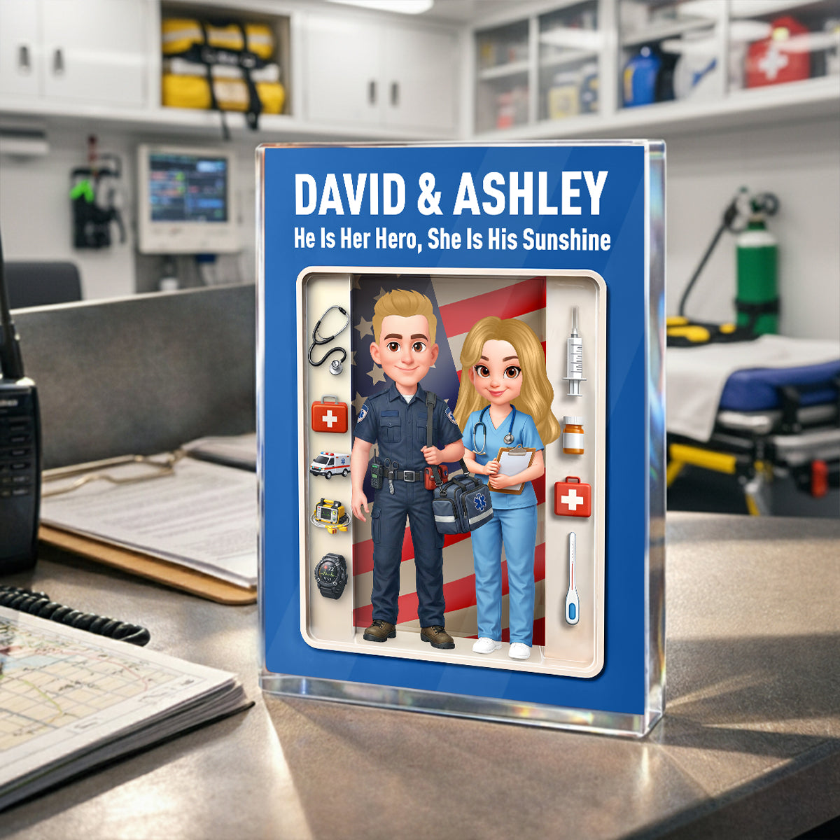 EMT & Nurse Couple 3D Action Figure - Personalized Acrylic Block Plaque - Heartfelt Gift for Him, for Her