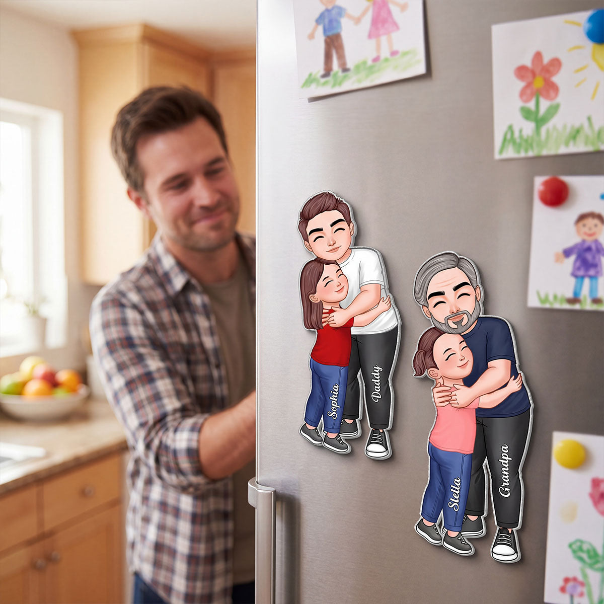 Dad Grandpa Embracing Kid - Personalized Acrylic Fridge Magnet - Heartfelt Father's Day Gift For Dad, Grandpa