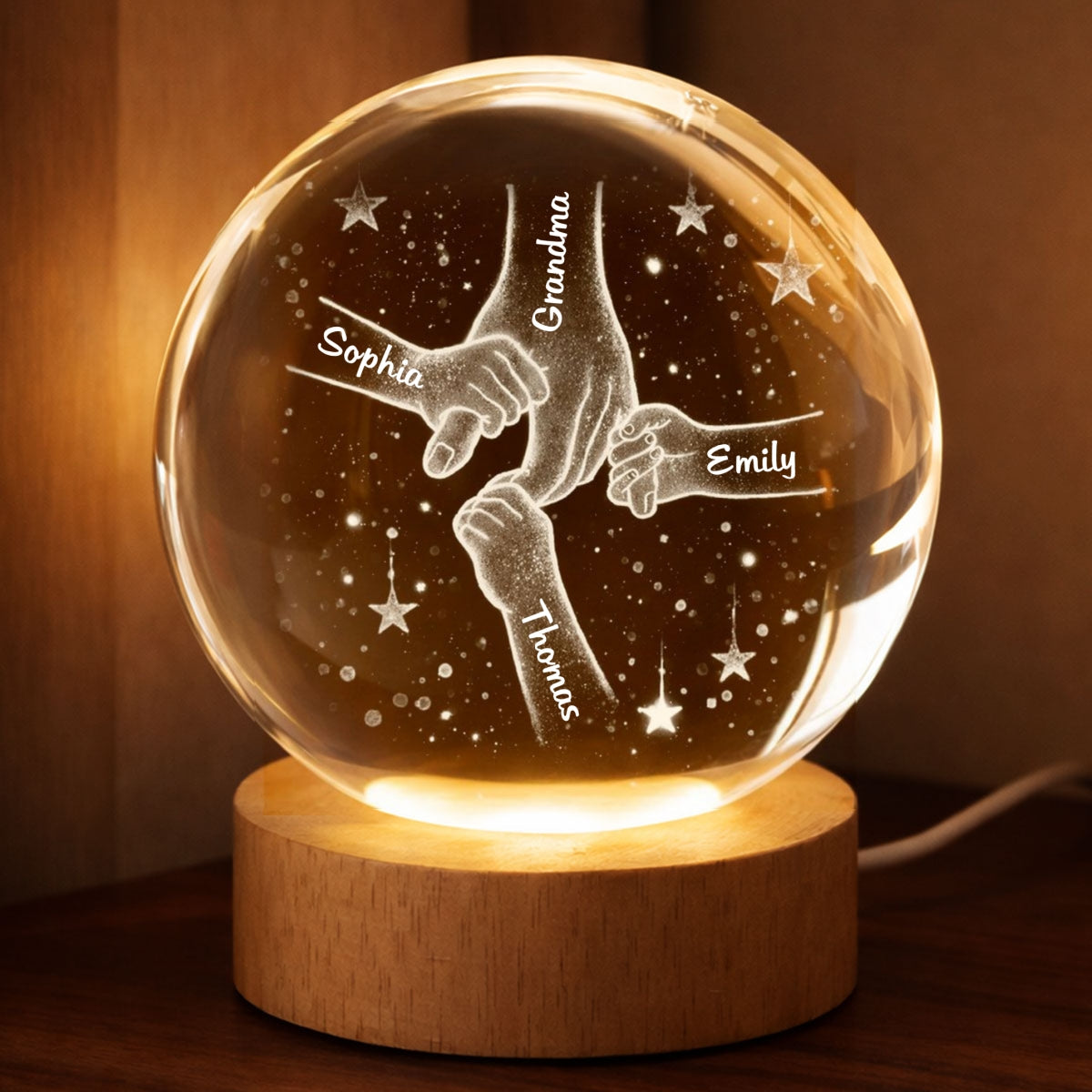 Mom Grandma Kids Holding Hands - Personalized Crystal Ball LED Night Light - Sentimental Mother's Day Gift for Mom, Grandma, Wife