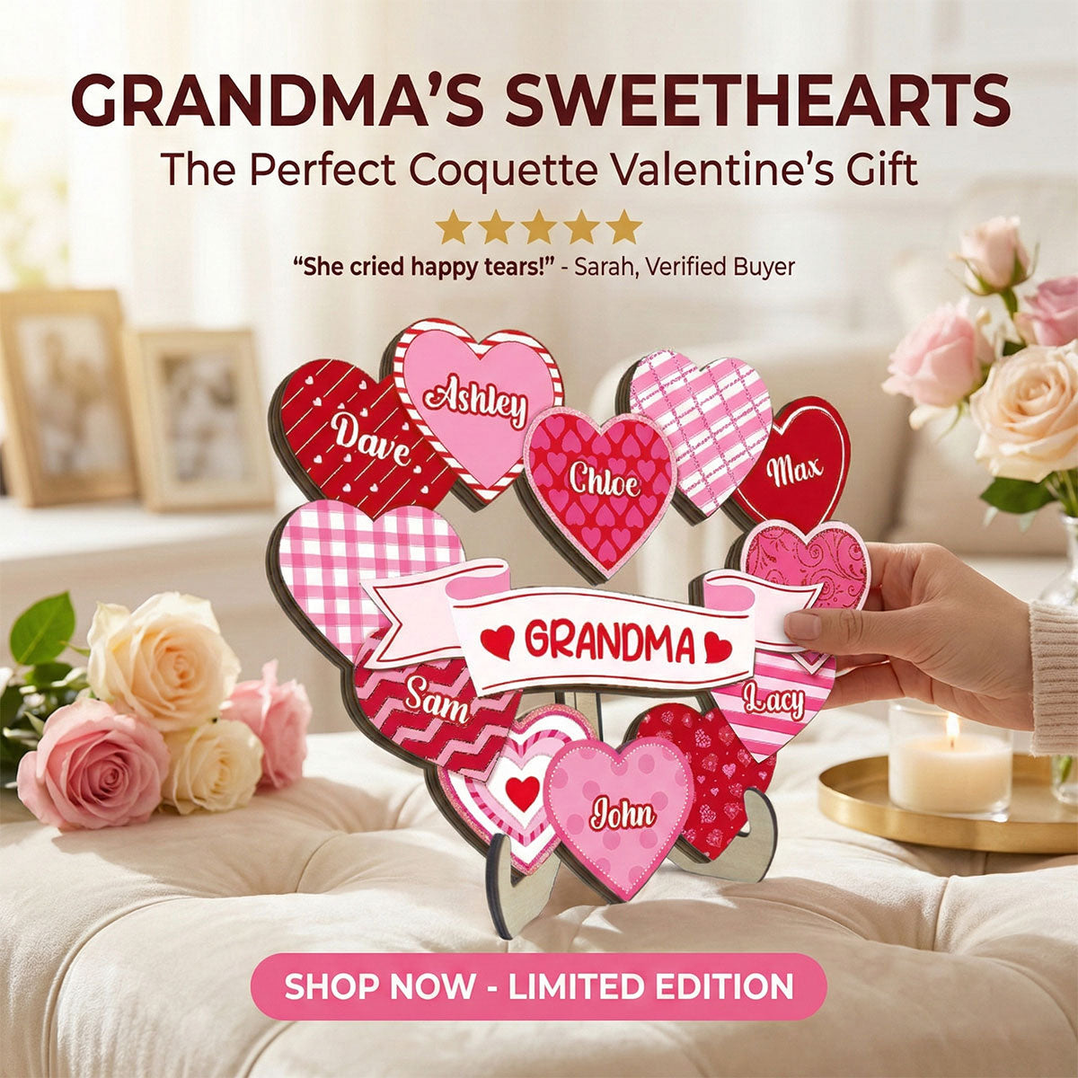 Grandma's Sweethearts Coquette Valentine's Day - Personalized 2-Layer Wooden Plaque - Home Decor Gift For Grandma