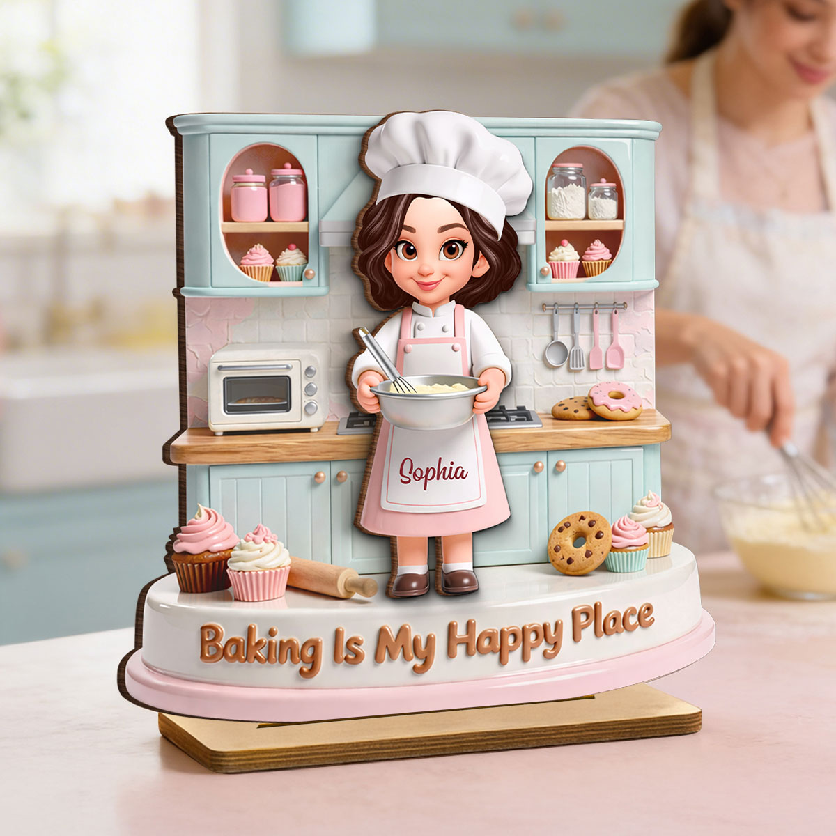 Baking Is My Happy Place - Personalized 2-Layered Wooden Plaque - Gift For Mom, Grandma