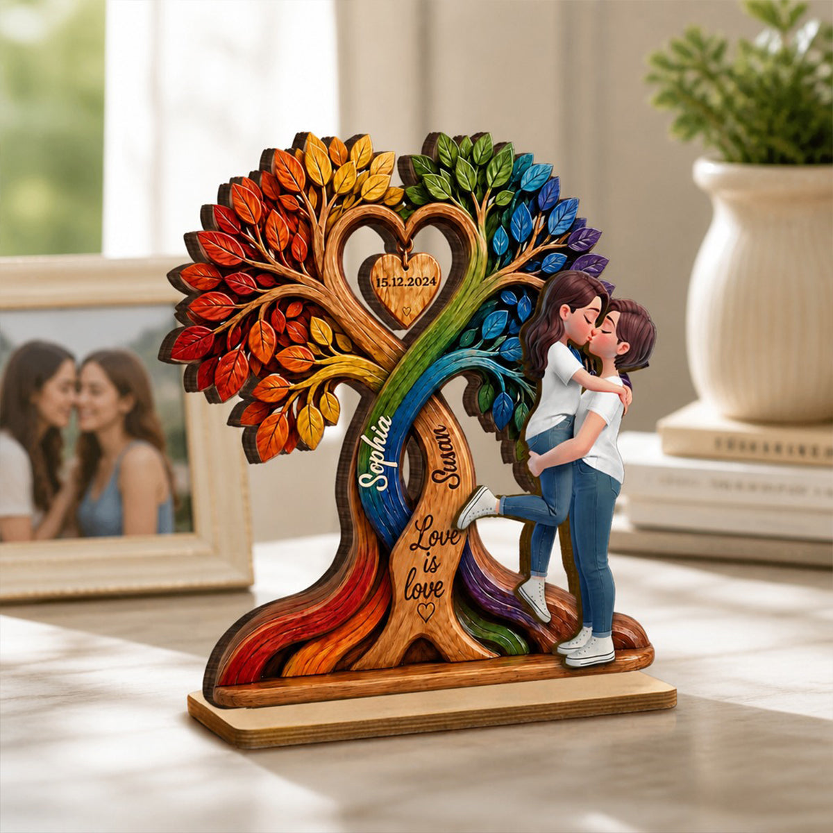 LGBT Couple Kissing Under Tree - Personalized 2-Layered Wooden Plaque - Heartfelt Gift for Her, Gift for Him