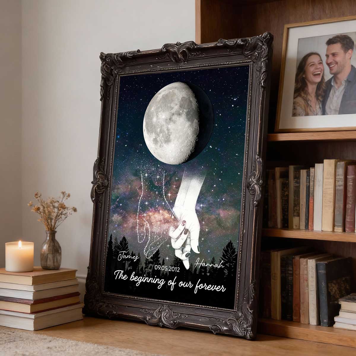 Galaxy Night Couple Holding Hands Custom Moon Phase Anniversary Date - Personalized Poster - Heartfelt Anniversary Gift, Valentine Gift, Wedding Gift For Couple