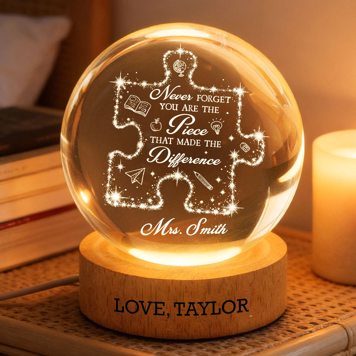 Never Forget The Difference You Make - Personalized Crystal Ball LED Night Light - Thank You Gift for Teacher, Teacher Appreciation Week Gift