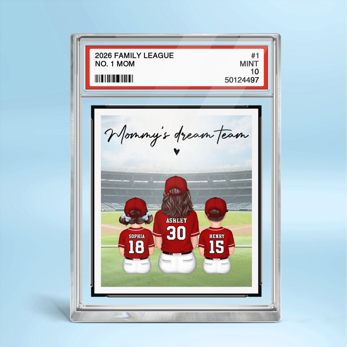 Baseball No. 1 Mom Woman & Kids Sitting Trading Card Style - Personalized Acrylic Block Plaque