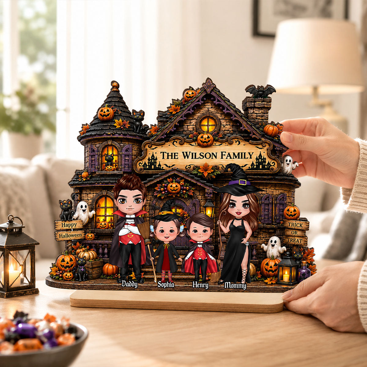 Family Haunted House Trick or Treat - Personalized 2-Layered Wooden Plaque - Halloween Gothic Home Sign