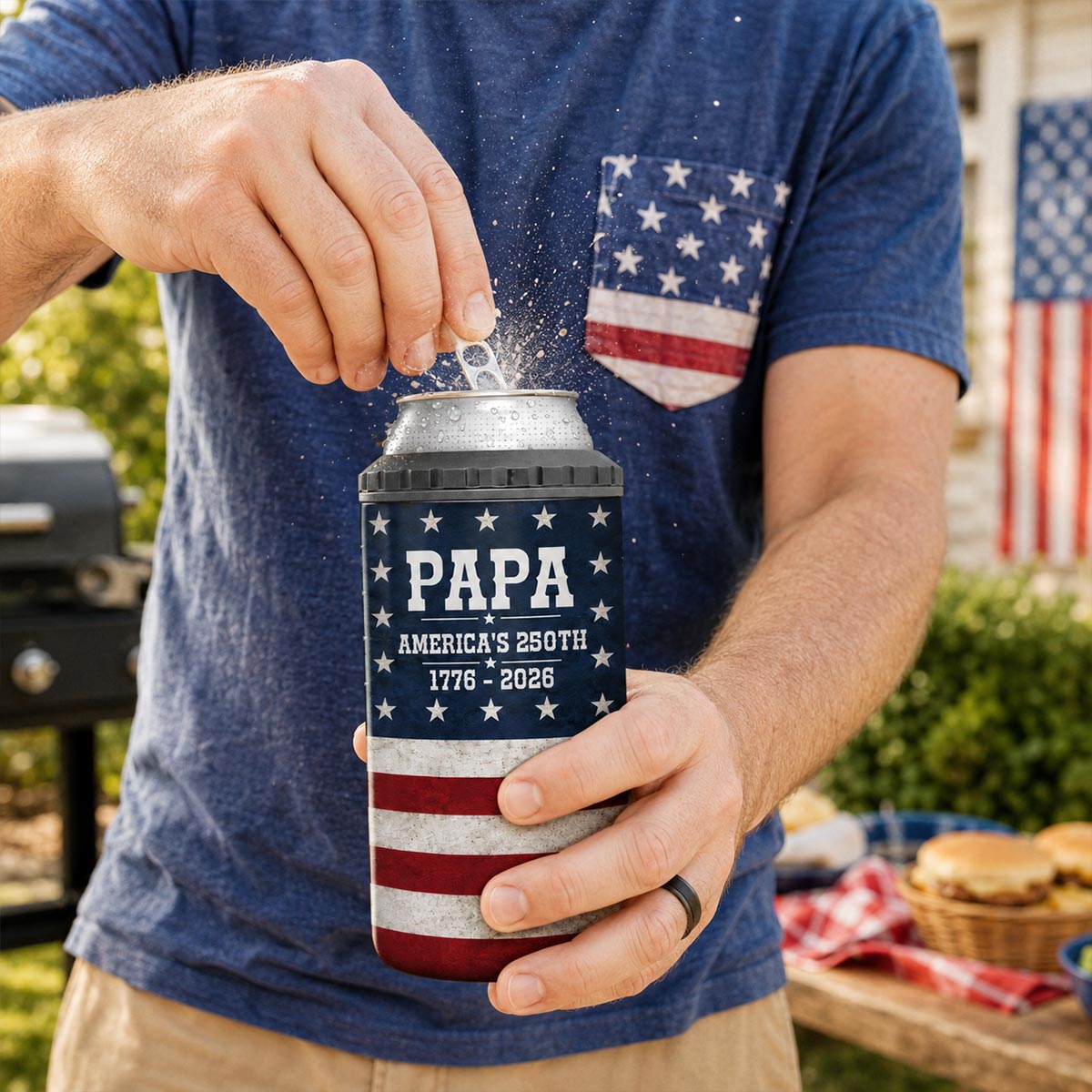Proud American Dad Grandpa Walking With Kids - Personalized 4-in-1 Can Cooler - 4th Of July, American 250th Anniversary Gift For Patriotic Dad, Grandpa