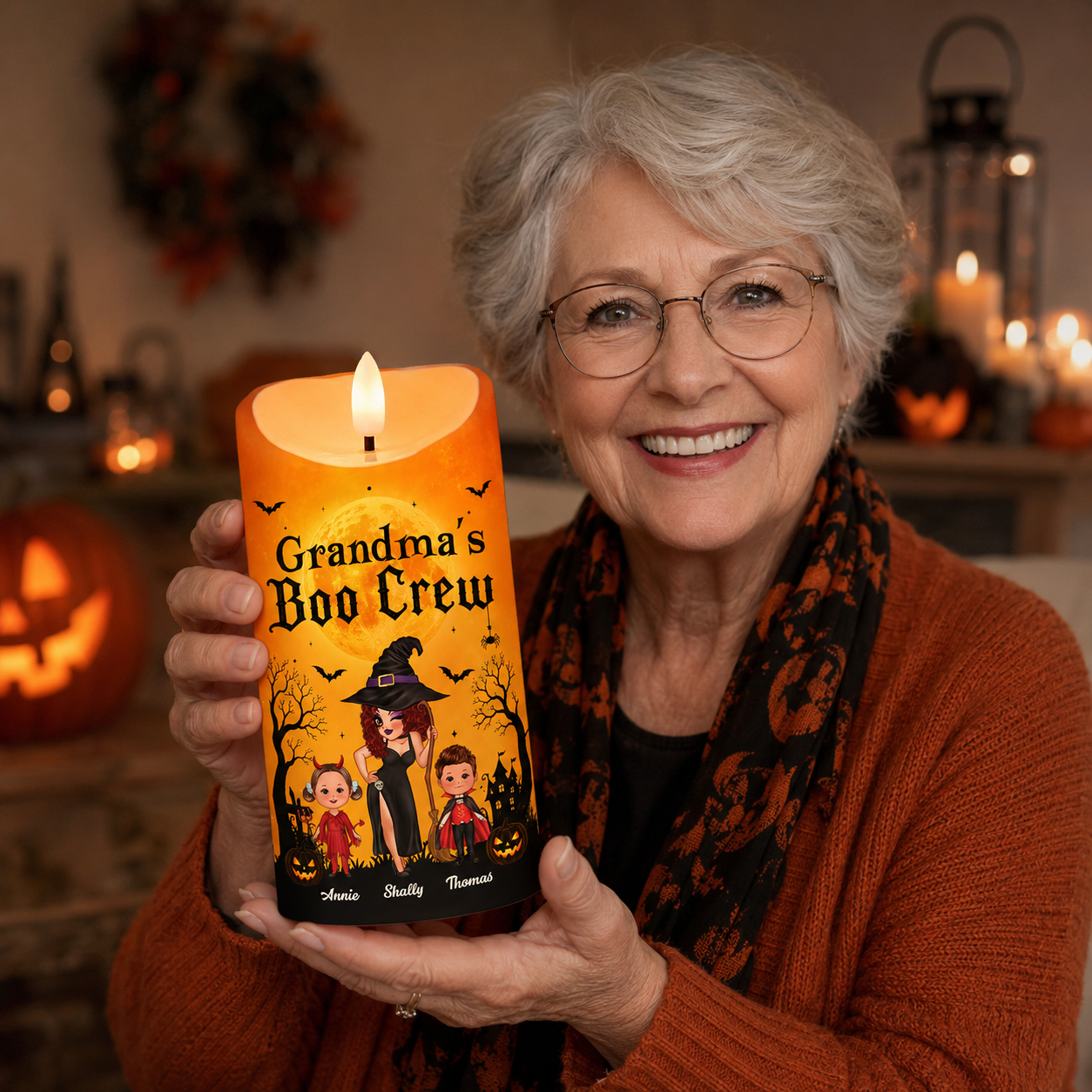 Grandma's Boo Crew Grandma Pretty Witch & Kids - Personalized LED Candle - Perfect Halloween Decor for Grandma