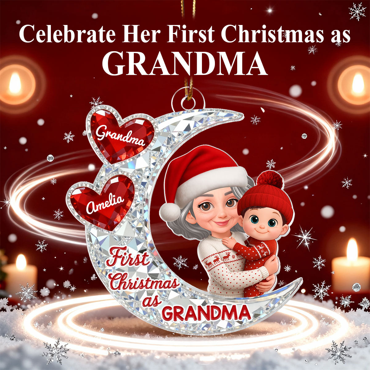 3D Effect Flat Moon First Christmas With New Baby - Personalized Acrylic Ornament - Christmas Gift For New Grandma, New Mom