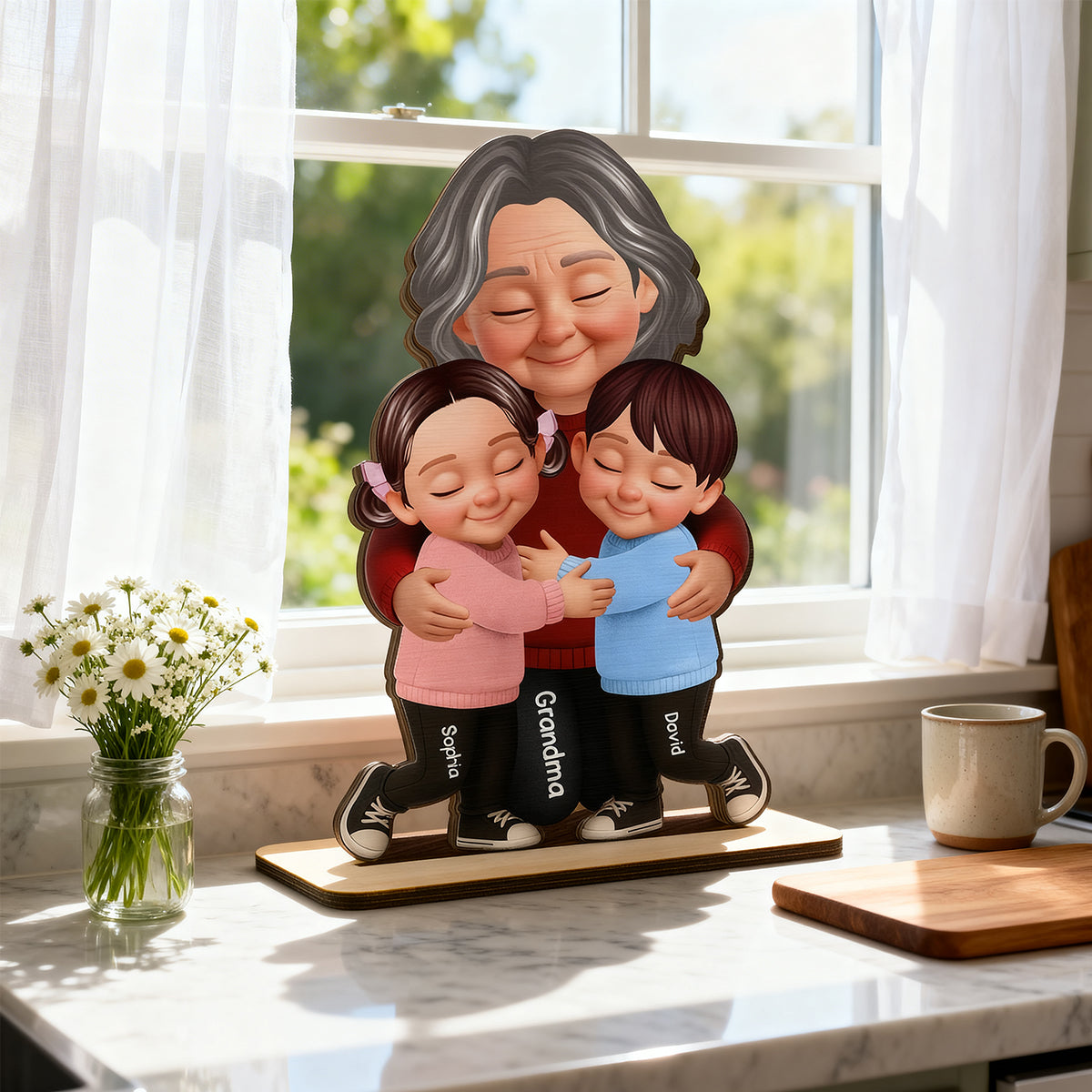 Grandma Hugging Grandkids - Personalized 2-Layered Wooden Plaque - Heartfelt Gift for Grandma