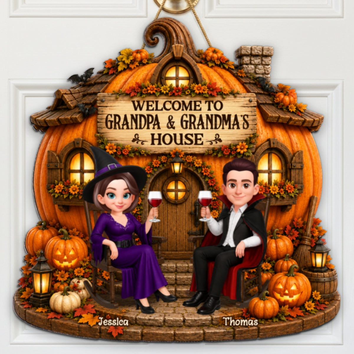Whimsical Halloween Pumpkin Welcome To Grandma Grandpa House - Personalized Wood Sign - Halloween Decoration For Grandparents