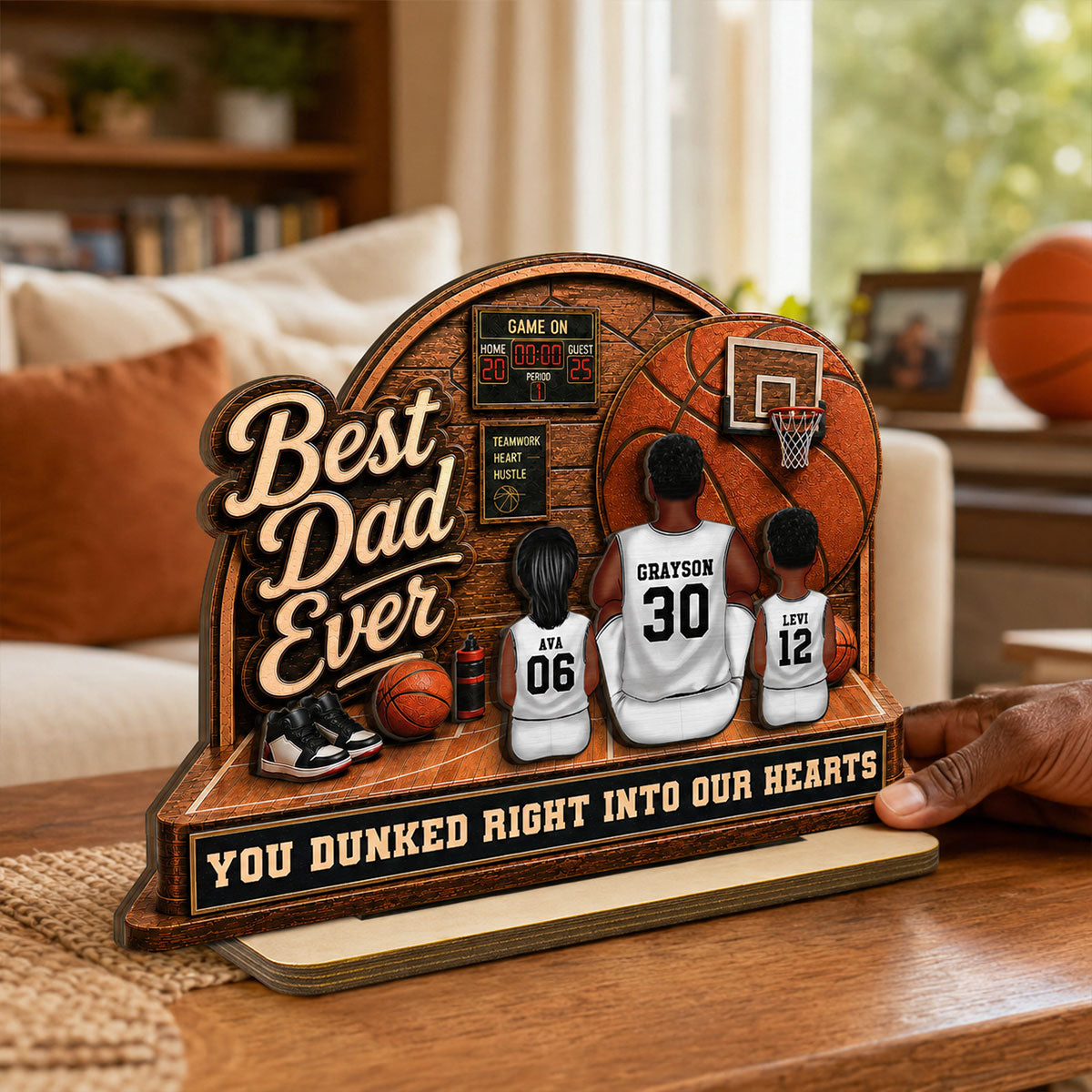 MVP Dad Back View Basketball Man & Kids 2D Flat - Personalized 2-Layered Wooden Plaque -  Gift For Basketball Dad