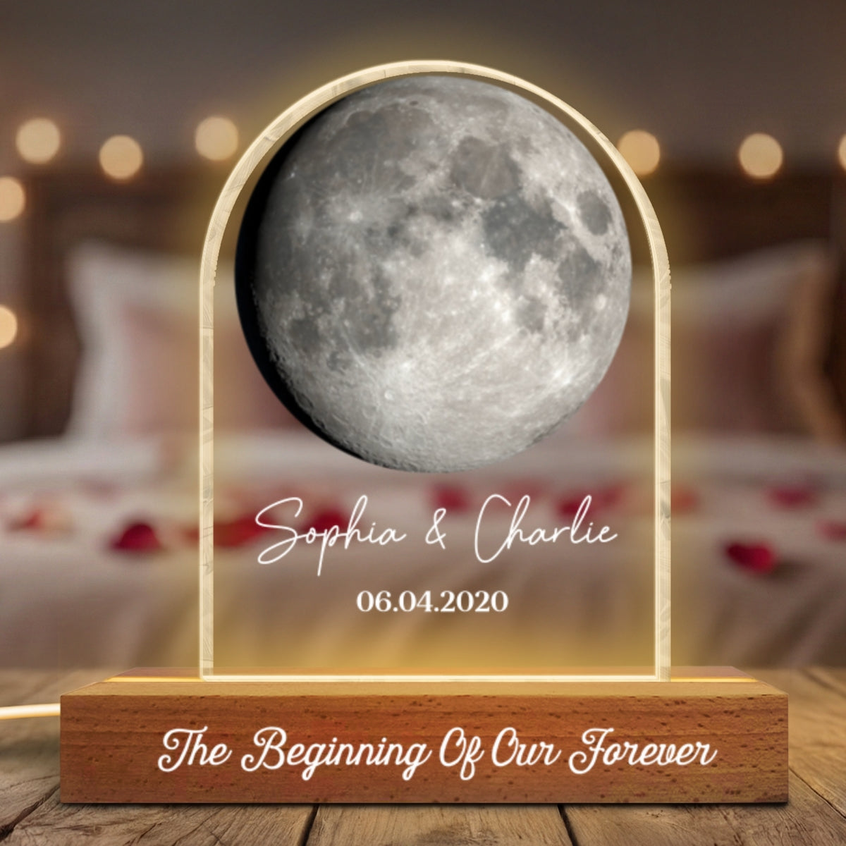 Forever Love Custom Couple Moon Phase Anniversary Date - Personalized Acrylic Block LED Night Light - Valentine's Day Gift For Couple, For Her, For Him