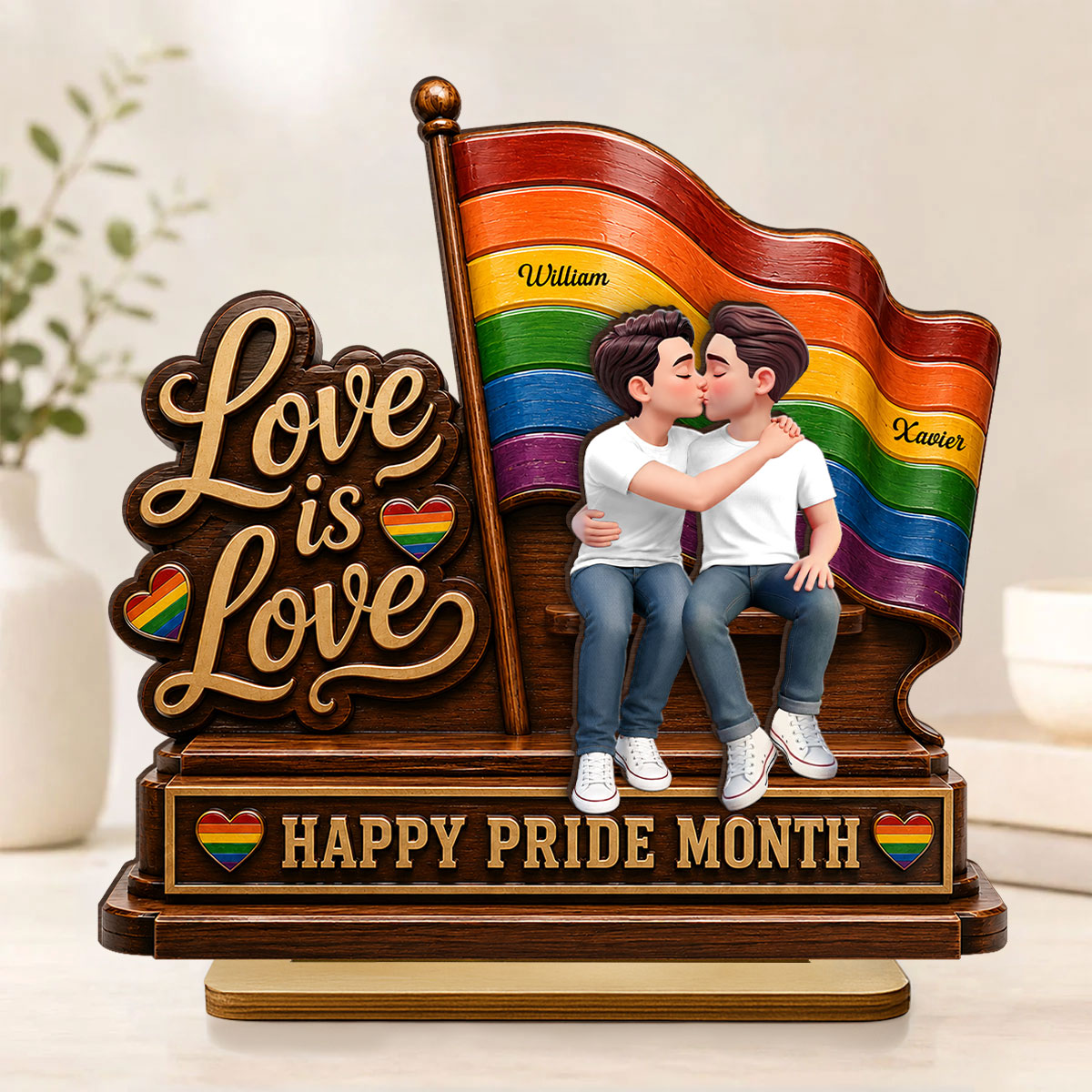 Happy Pride Month LGBT Couple - Personalized 2-Layered Wooden Plaque - Heartfelt Gift for Her, Gift for Him