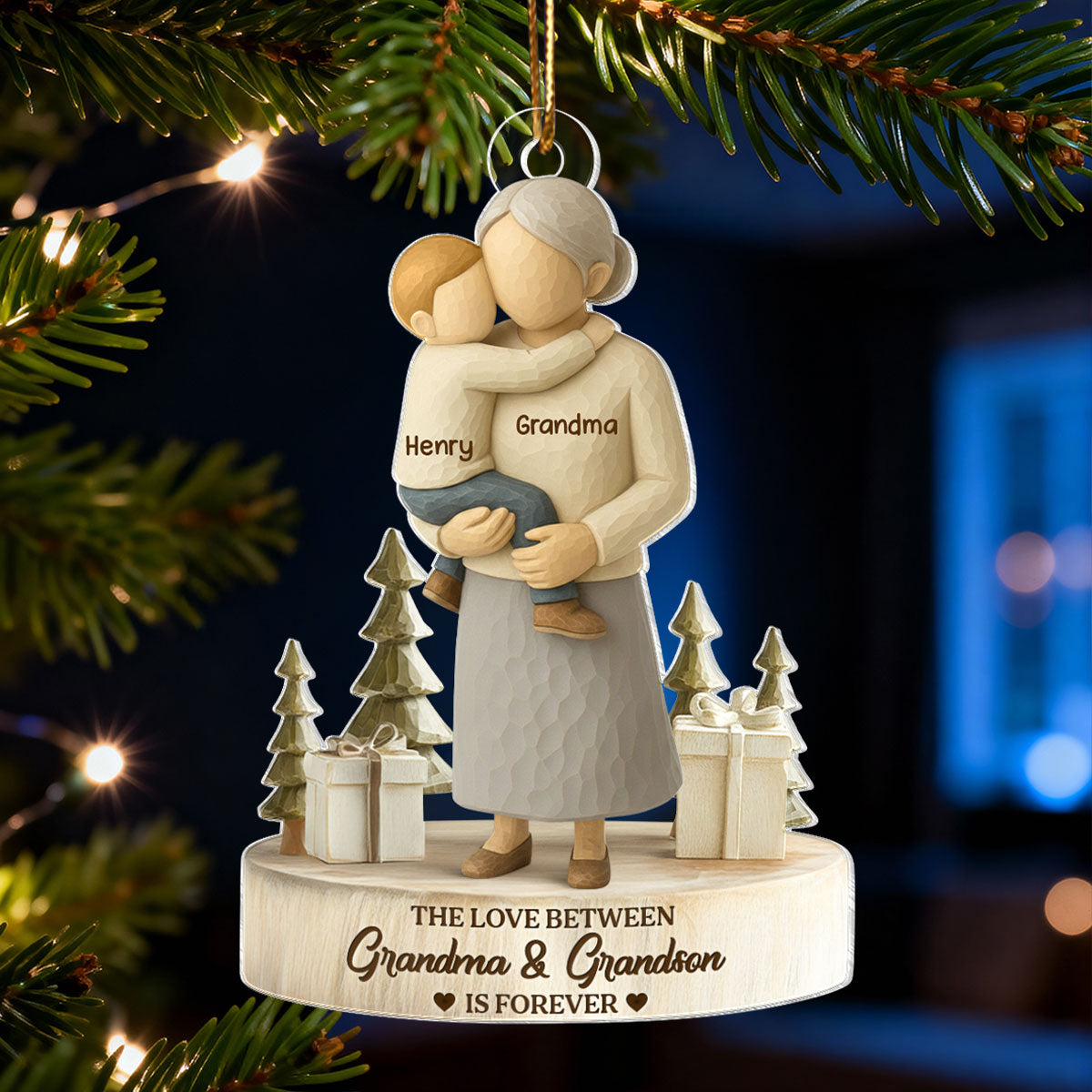 The Love Between Grandma and Grandson, Granddaughter is Forever - Personalized Acrylic Ornament - Heartwarming Christmas Gift for Grandma