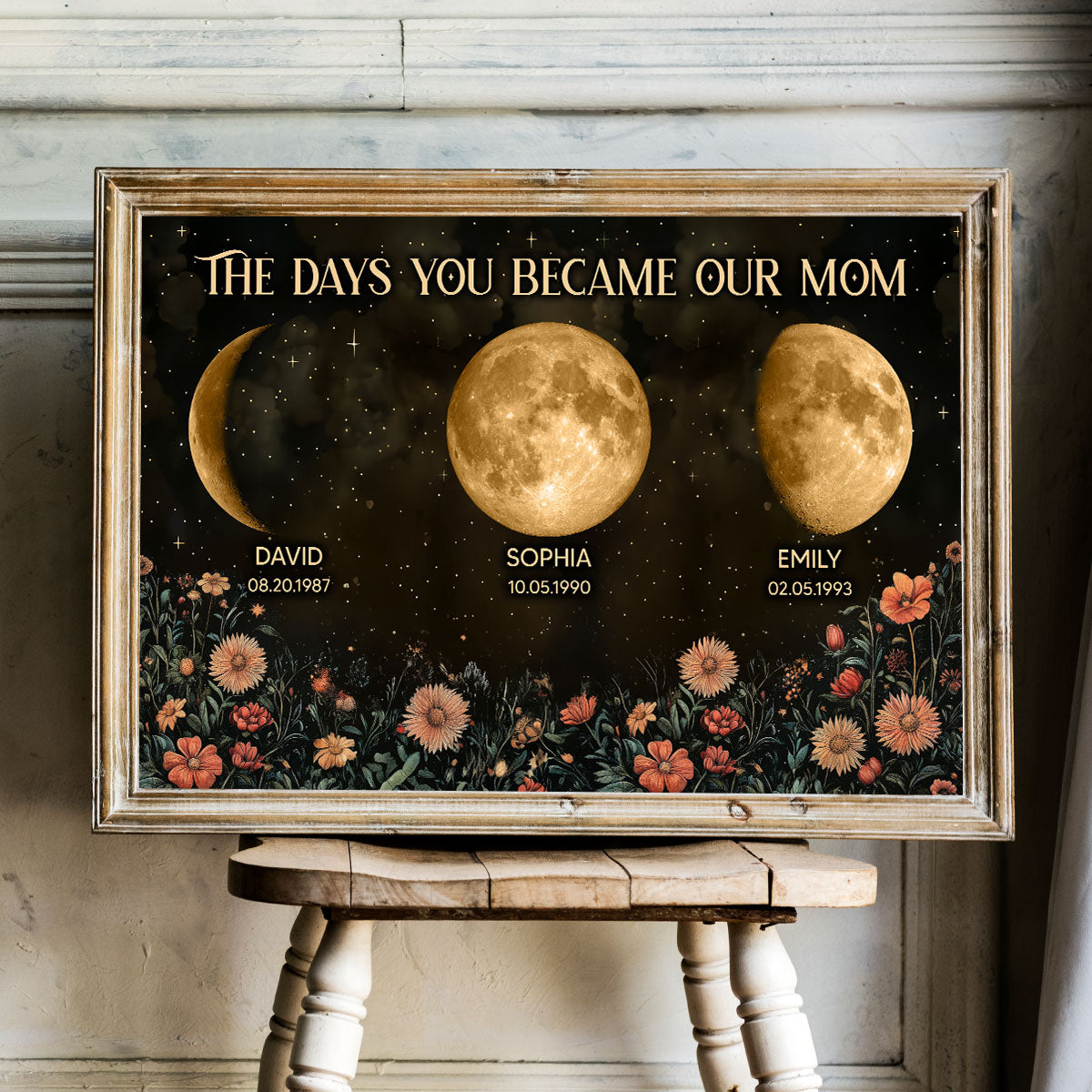 Vintage Flowers The Day You Become Mum Mom Grandma Custom Title And Nickname And Birth Moon Phase - Personalised Poster - Mother's Day Gift For Mum, Grandma
