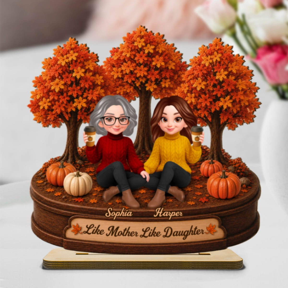 Mother Daughters Fall Season Forest 2D Flat - Personalized Wooden Plaque