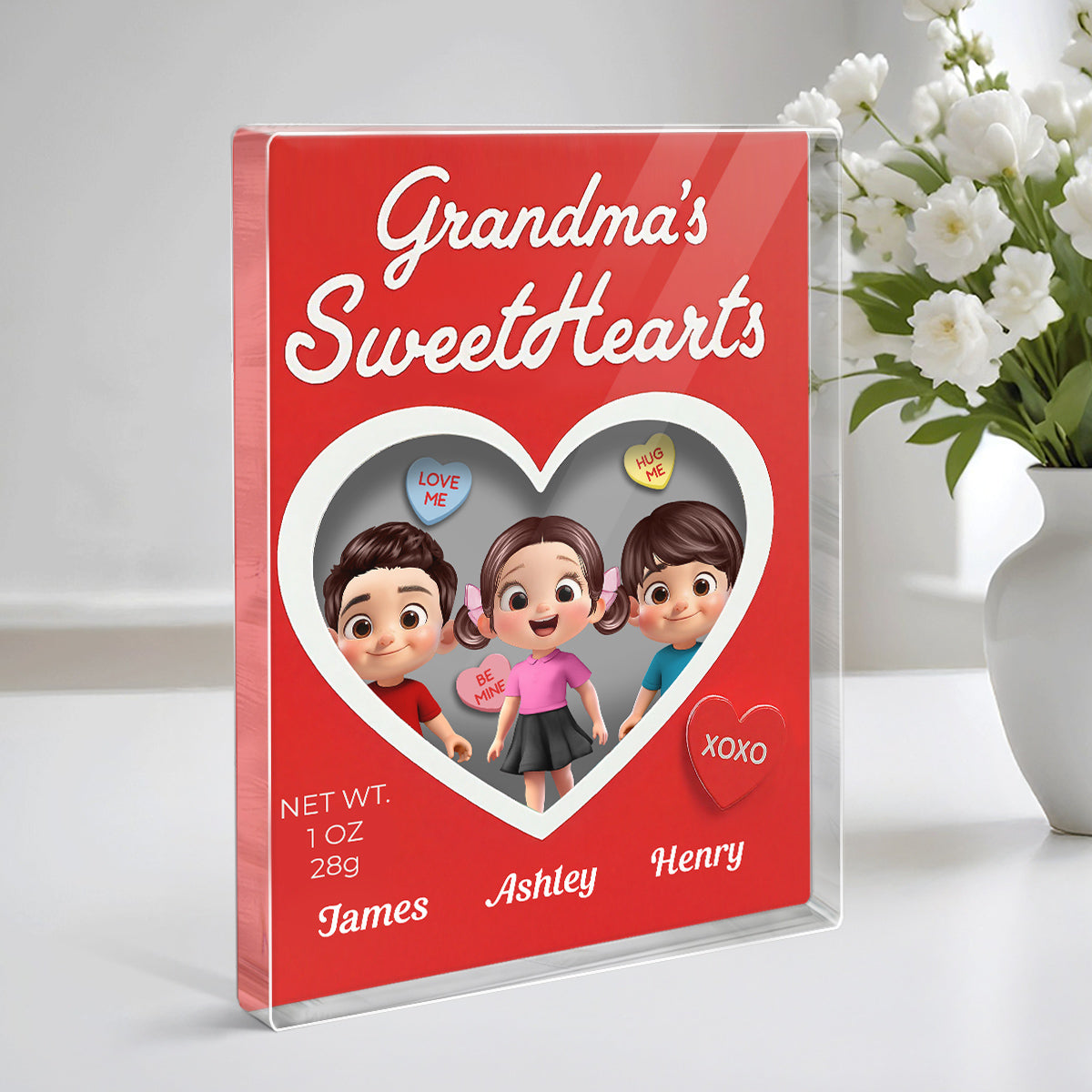 Grandma's Sweethearts Grandkids Red Toy Box Style 2D Flat - Personalized Acrylic Block Plaque